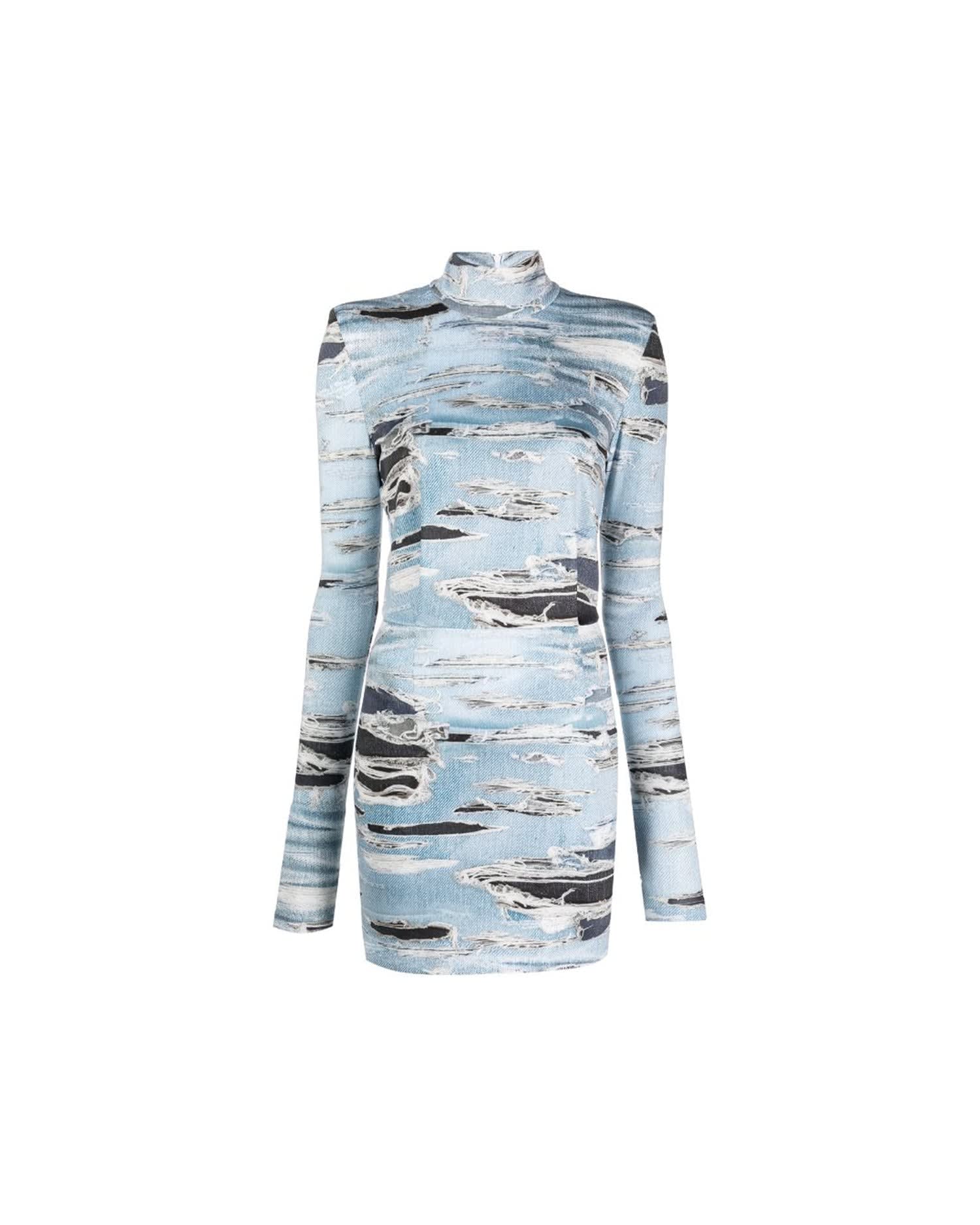 short dress with iconic runway denim-effect pattern. high collar and long sleeves.