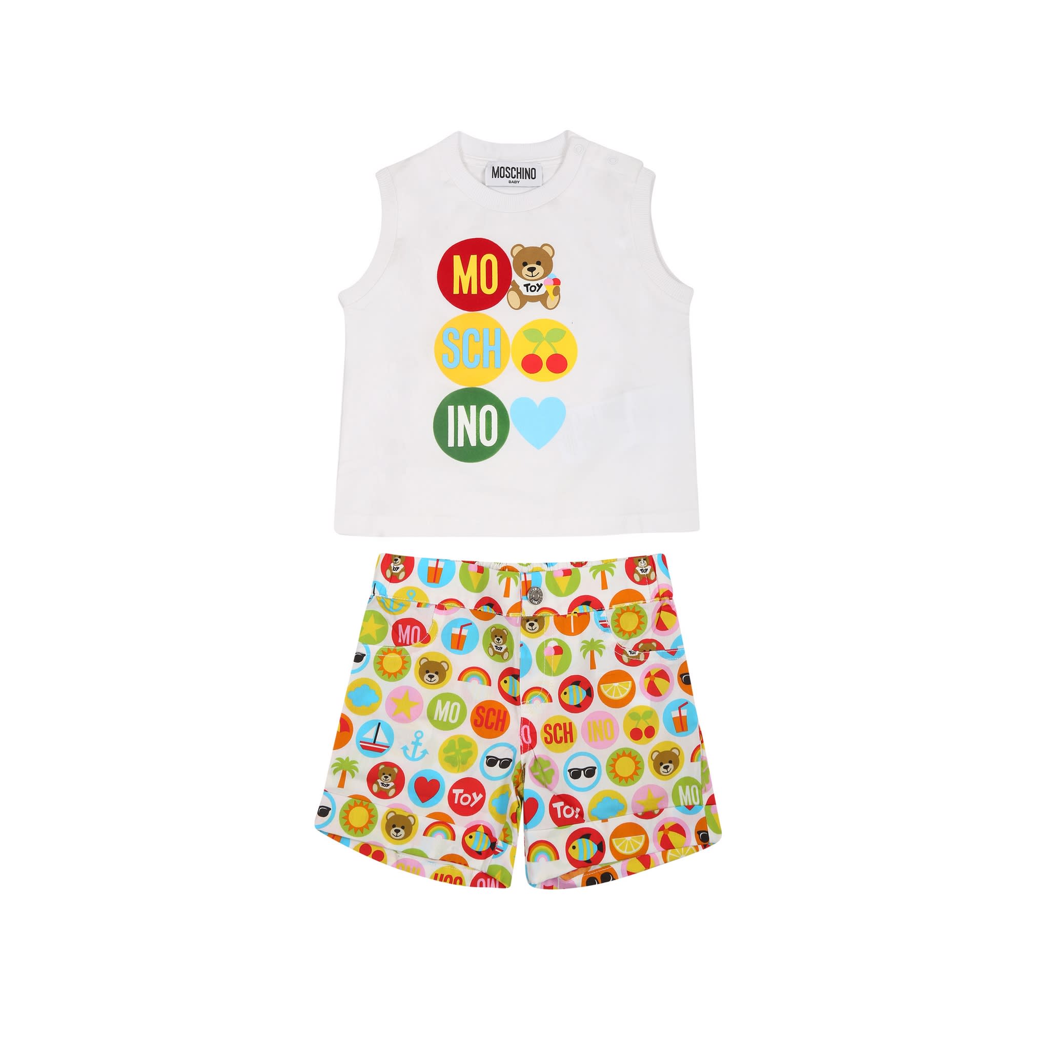 Moschino White Set For Baby Boy With Teddy Bear And Logo ボトムス