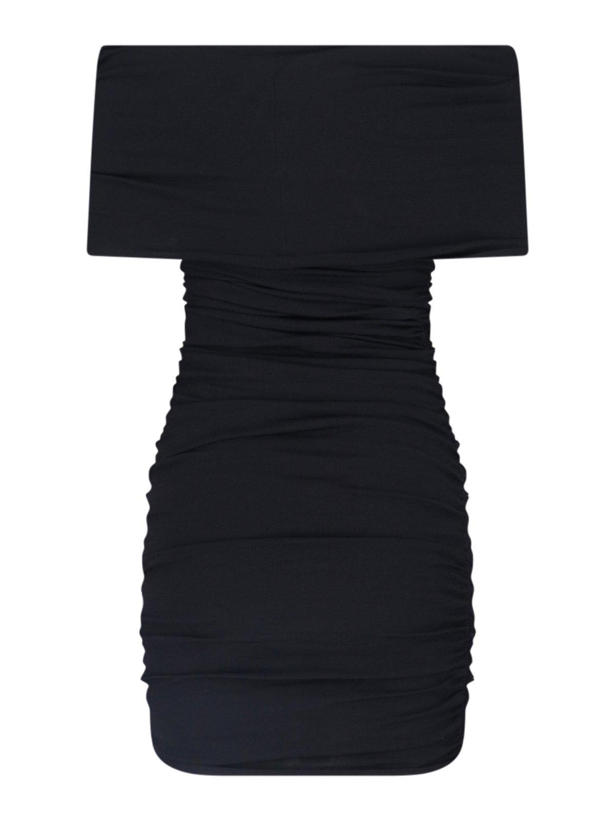 over-the-shoulder ruched midi dress