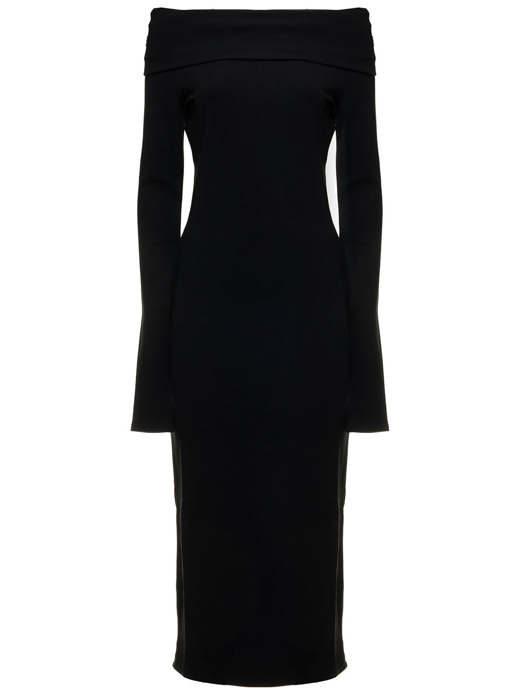 black midi kaia dress in stretch jersey crepe with off-the-shoulder neckline the andamane woman