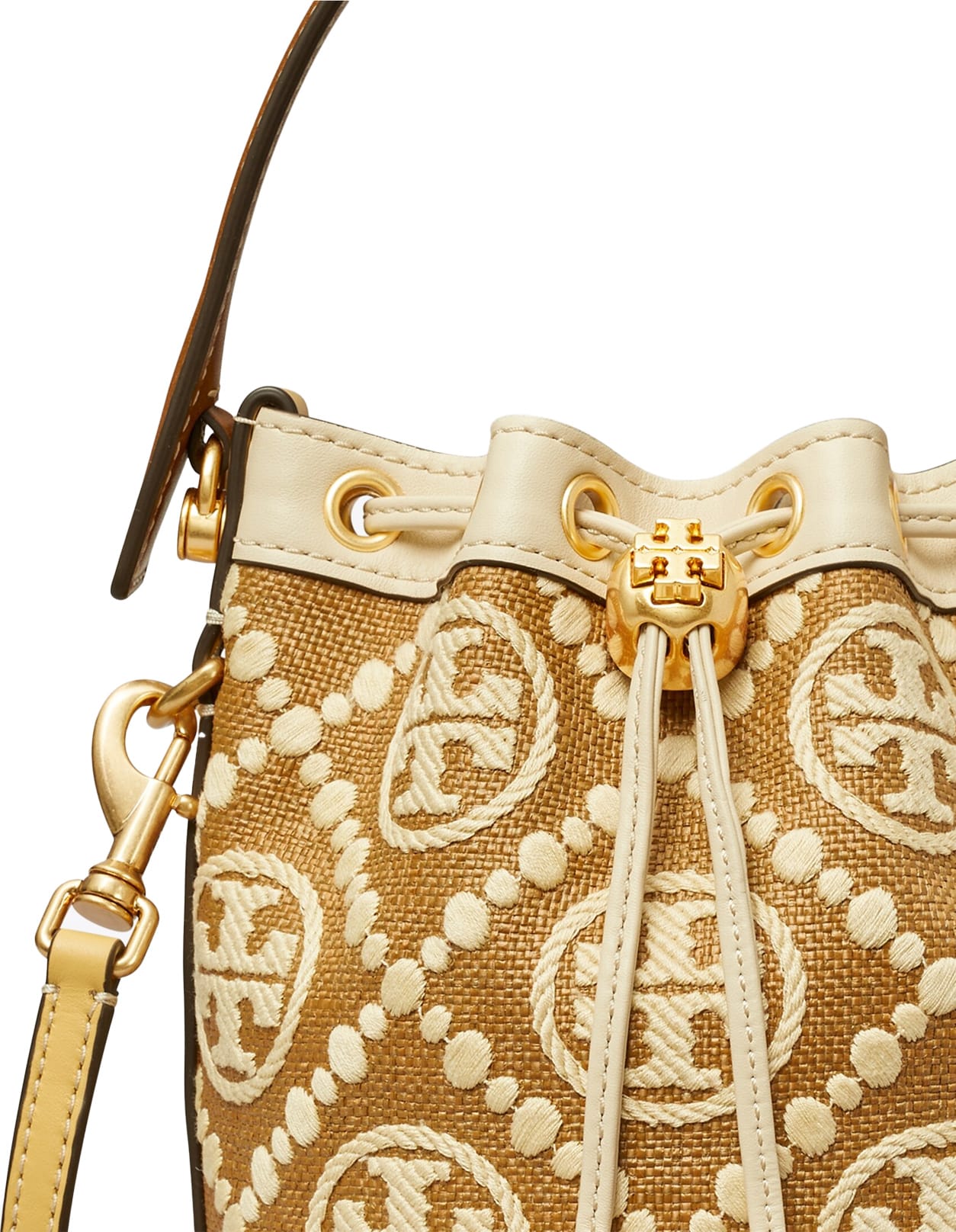 T Monogram Embroidered Raffia Mini Bucket Bag: Women's Designer Crossbody  Bags