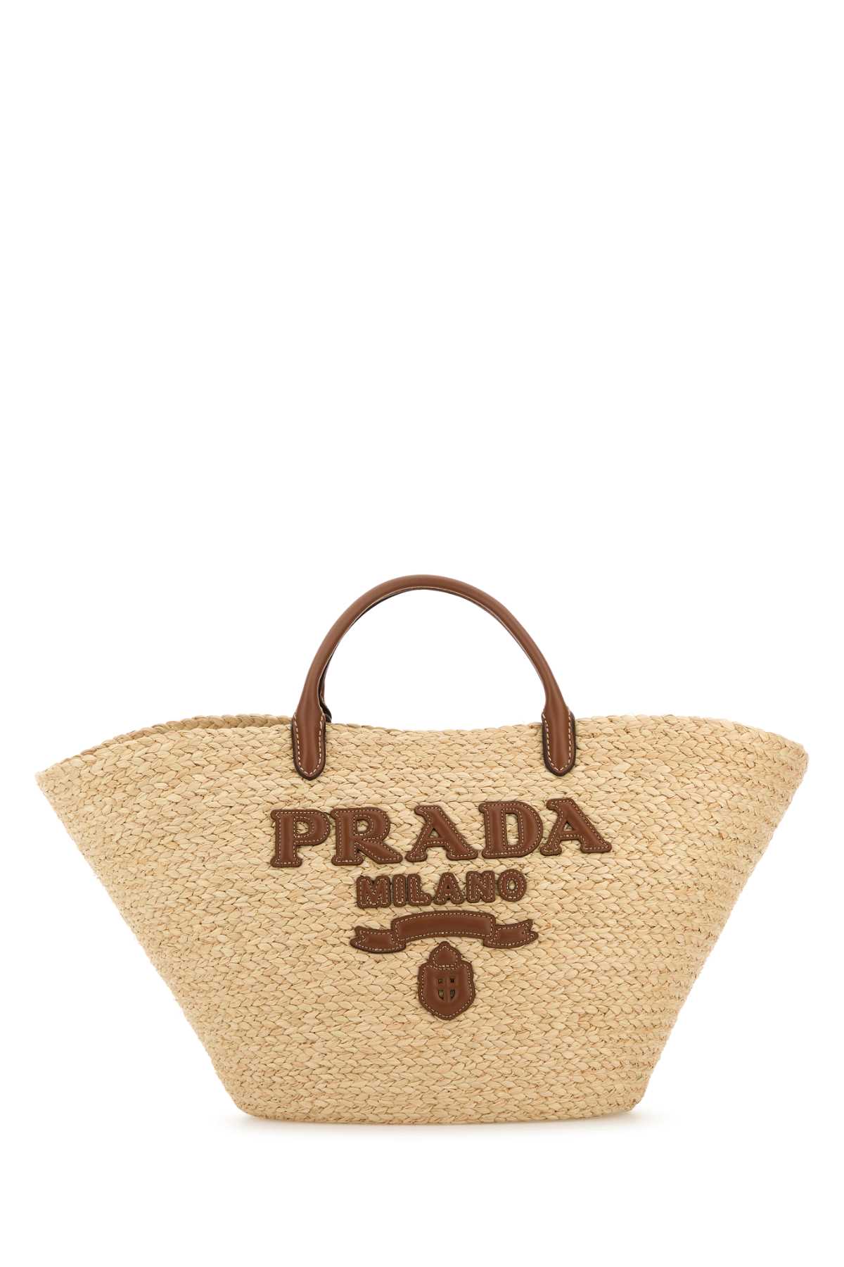 【カジュアルに♪】PRADA large shopping bag in raffia Beige/Cognac Large raffia and leather shopping bag | PRADA