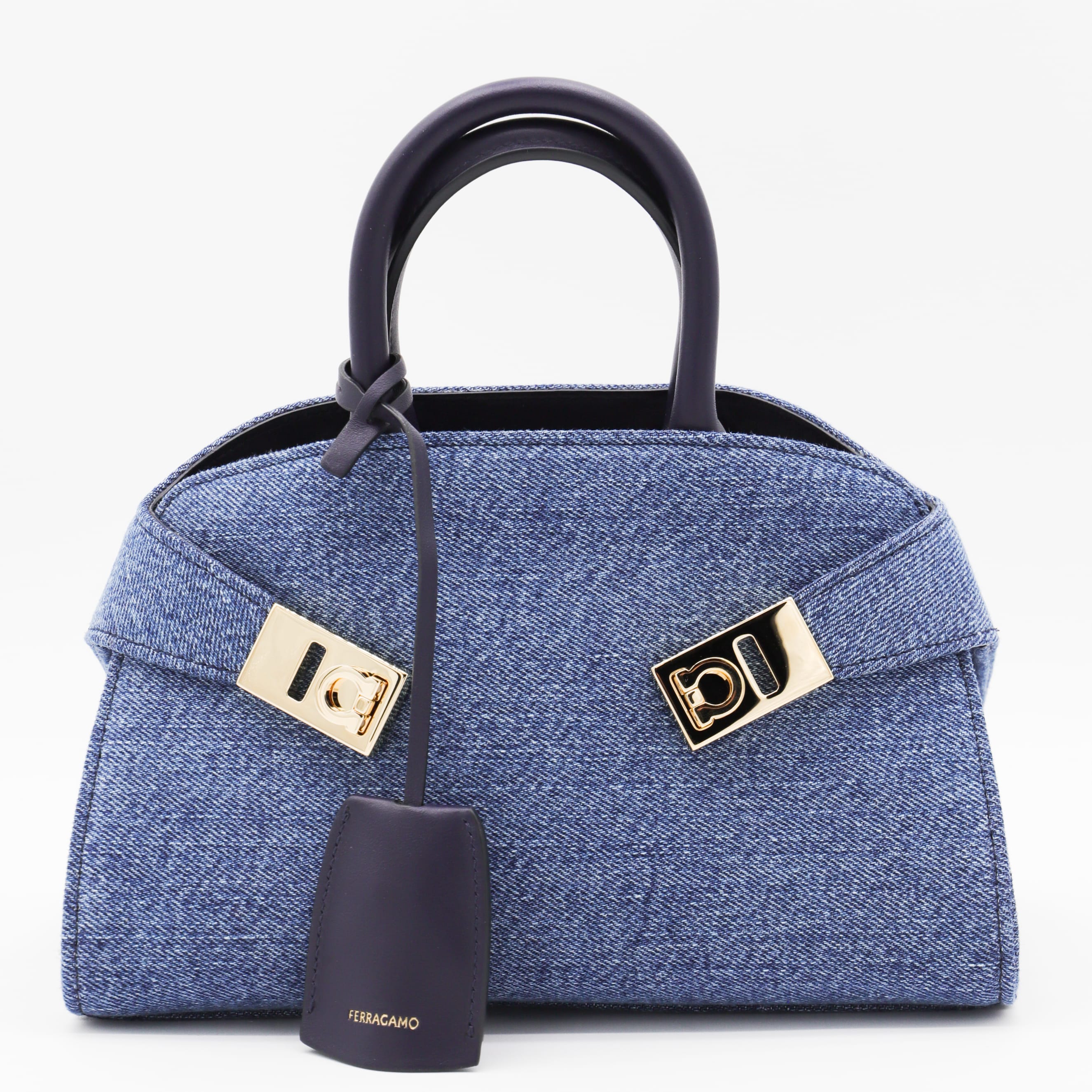 ★関税込み★ FERRAGAMO DENIM LEATHER MINI TOP HANDLE BAG Ferragamo Denim Leather Hug Mini Top Handle Bag | italist