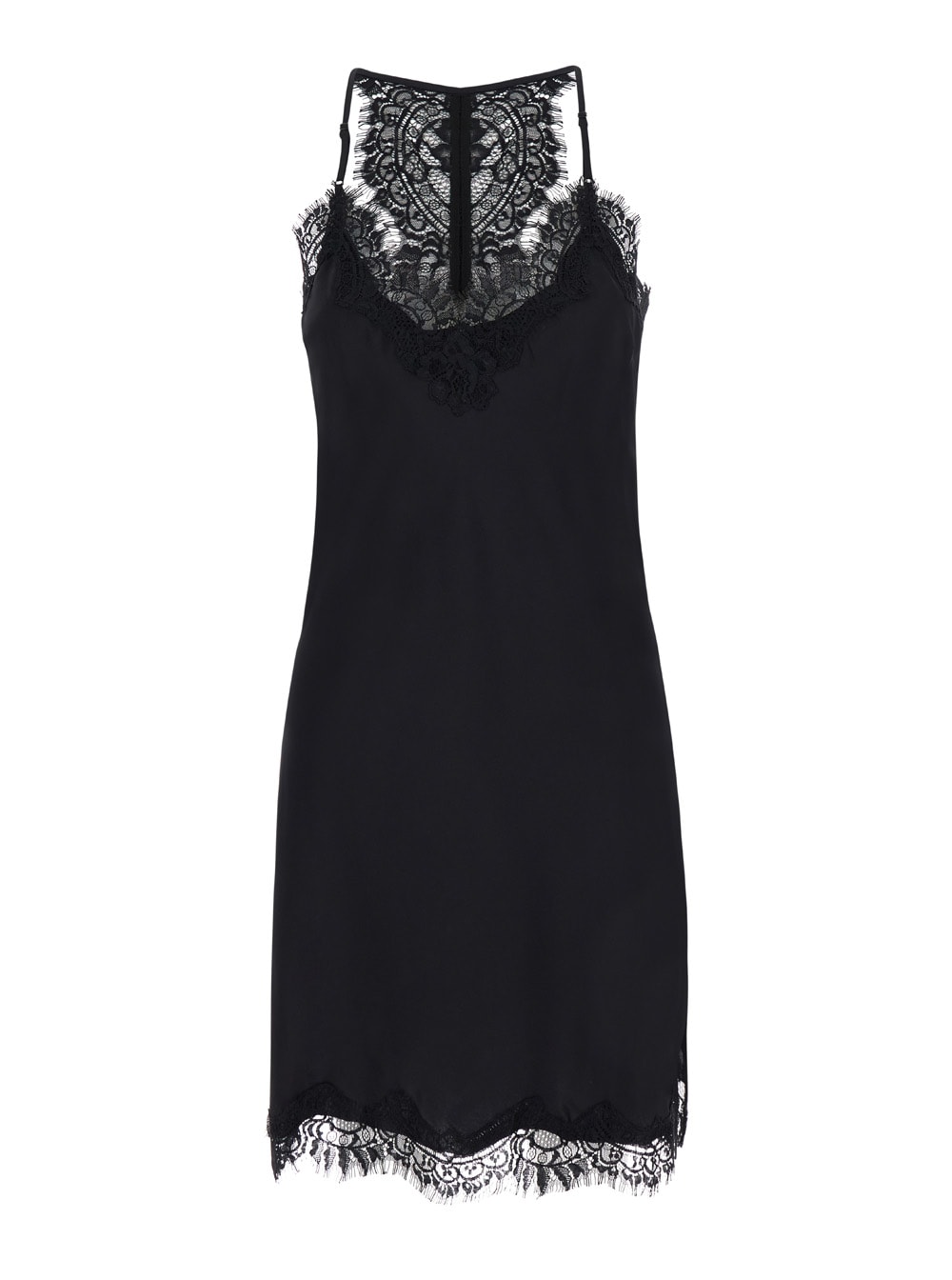 mini black dress with lace trim and racerback in silk woman