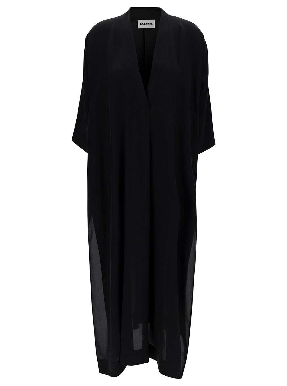 maxi black loose dress with v neckline in silk woman