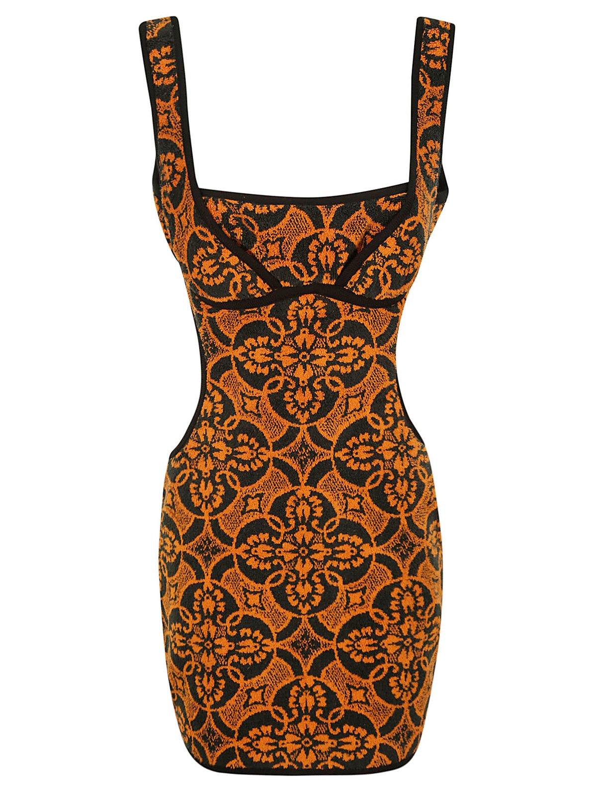 geometric pattern embroidered squaredneck mini dress