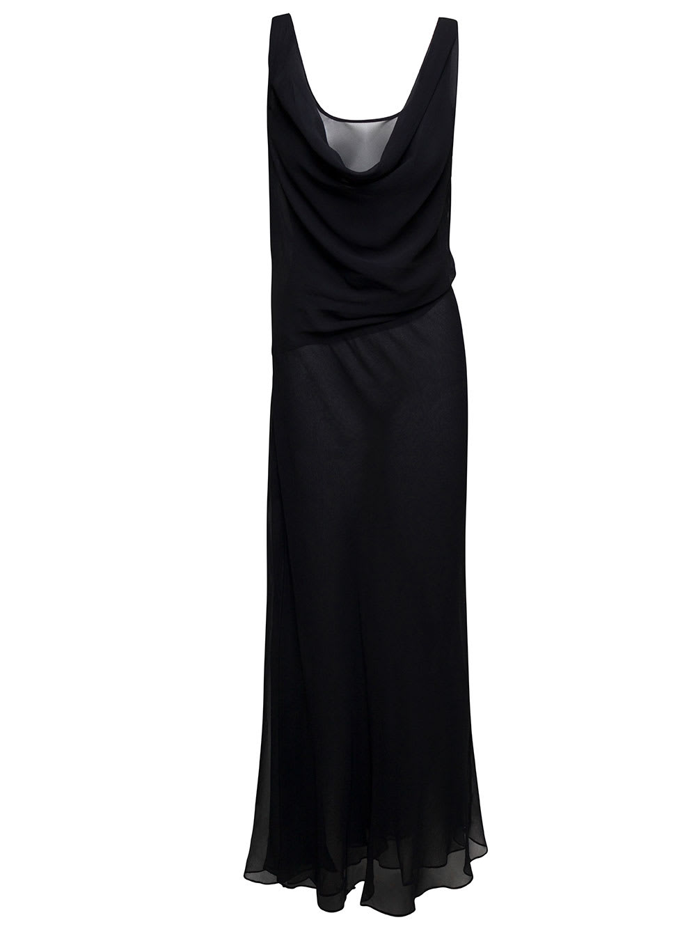 long black relaxed dress with draped neckline in silk woman