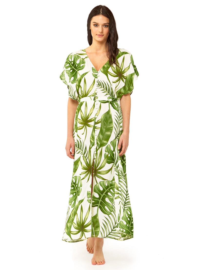 tropical leaves print long dress