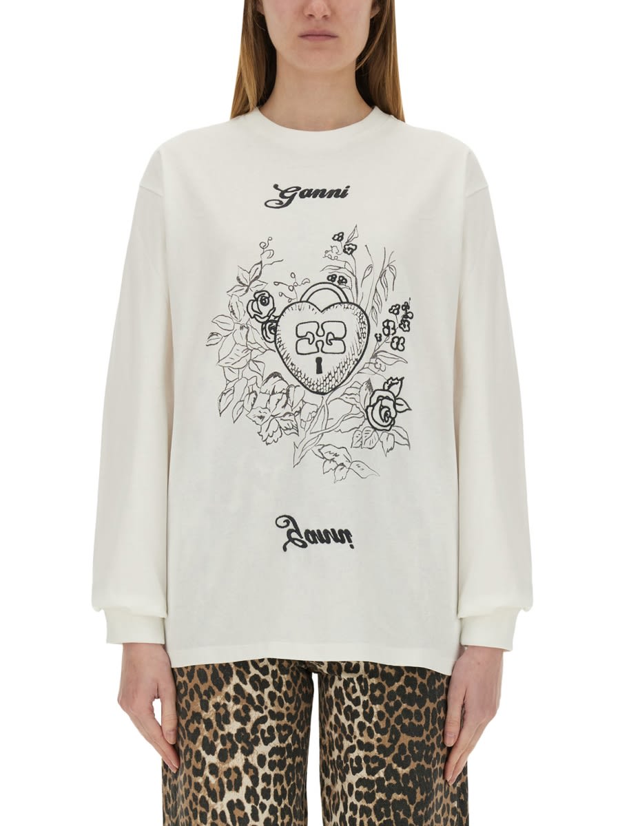 Tシャツ・カットソー Ganni SS25 COTTON EMBROIDERED T-SHIRT (T4139 135) Ganni Embroidered Heart Cotton T-Shirt | Saks Fifth Avenue