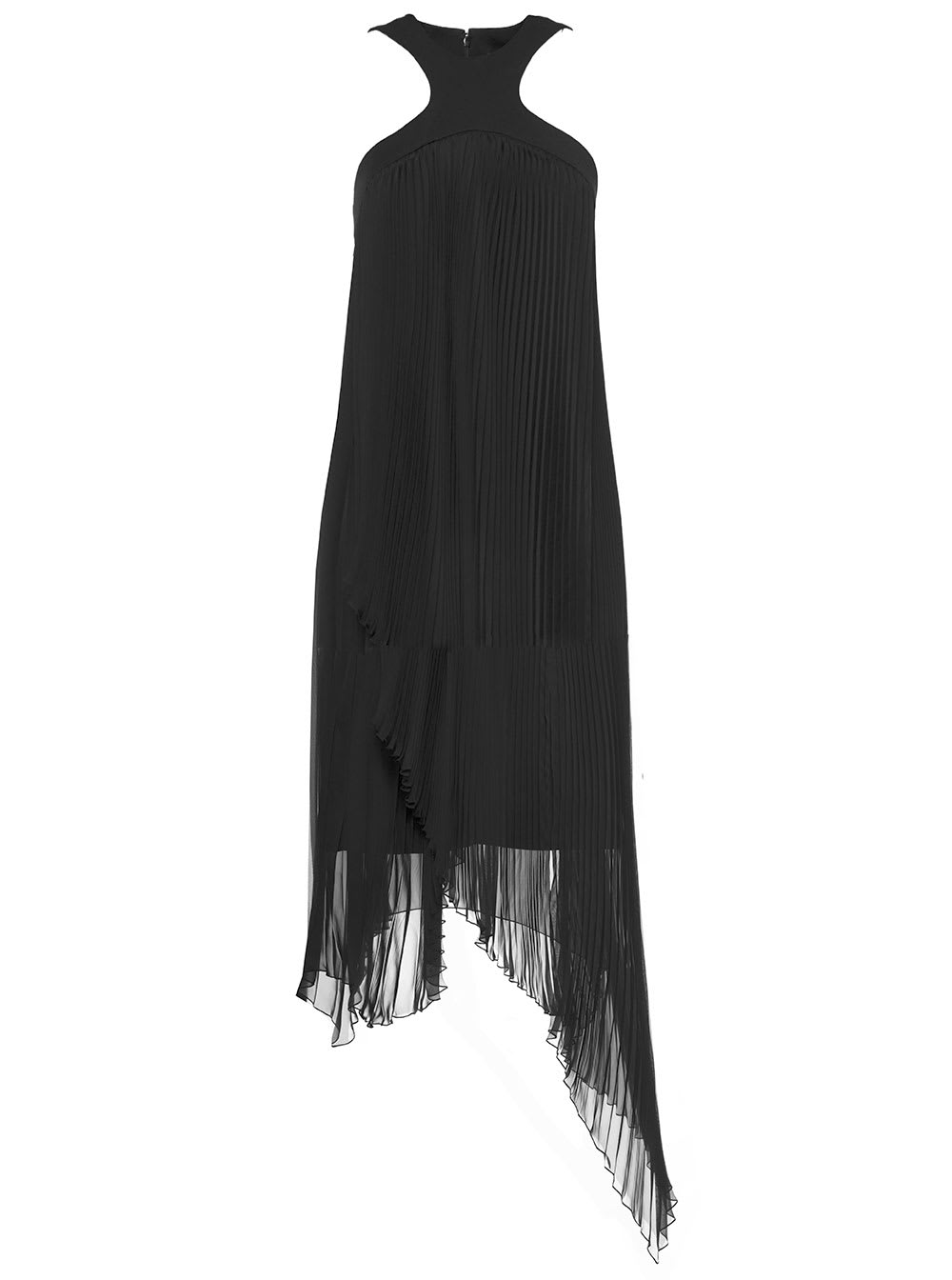 black pleated dress with asymmetrical bottom