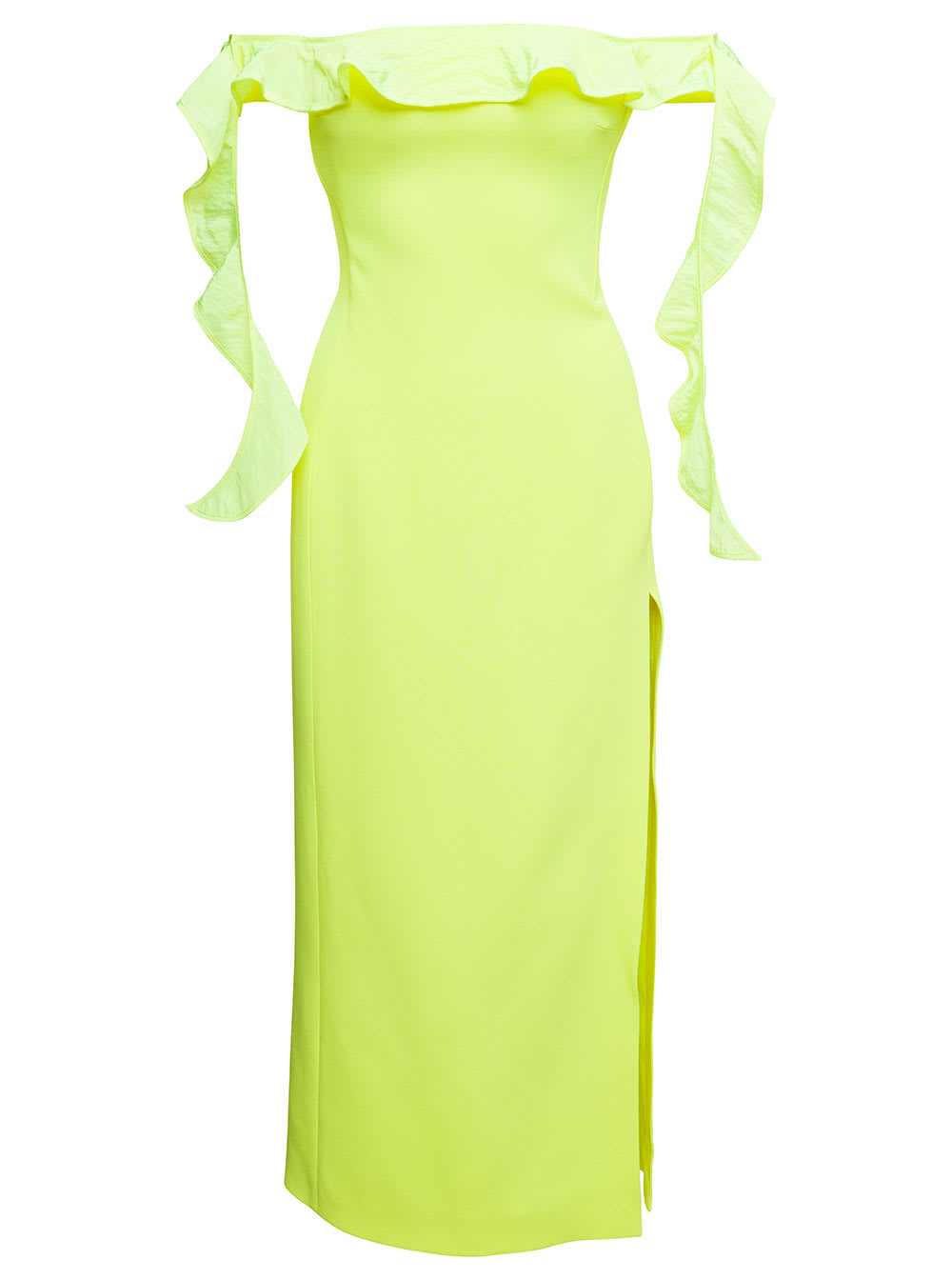 yellow long off-shoulder dress with ruches detail in acetate woman