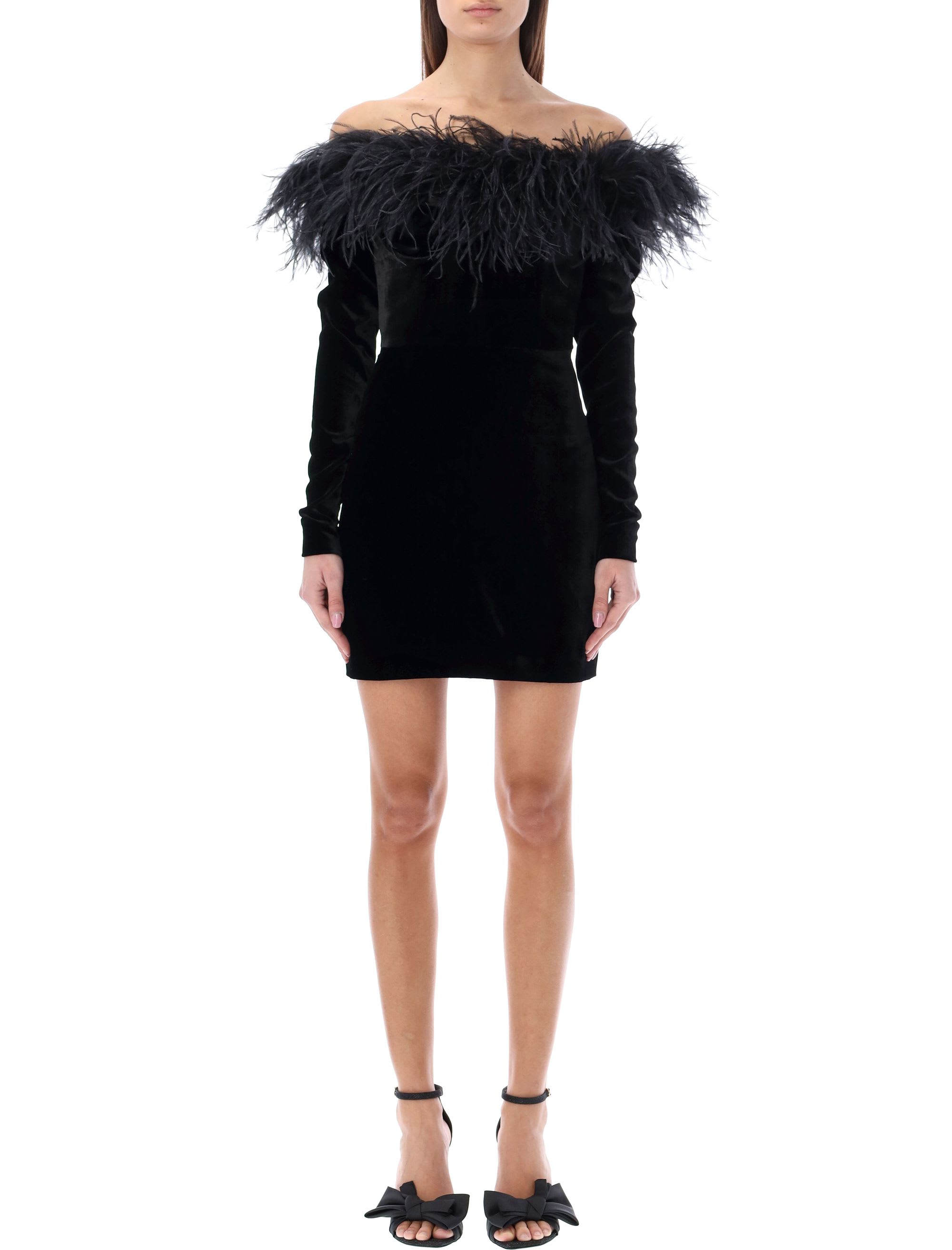 feathers trim velvet mini dress