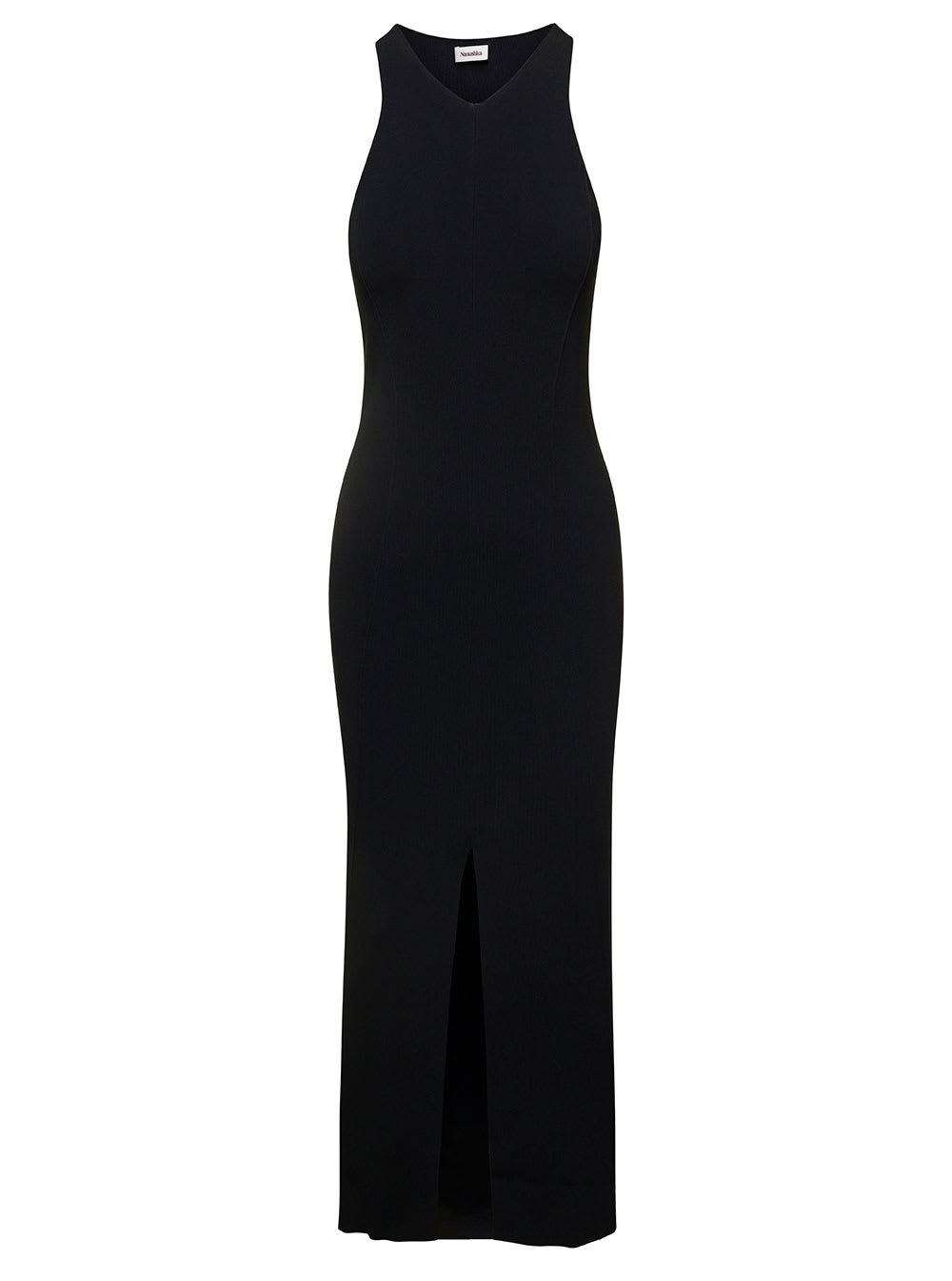 'elia' long black dress with front split in viscose blend woman