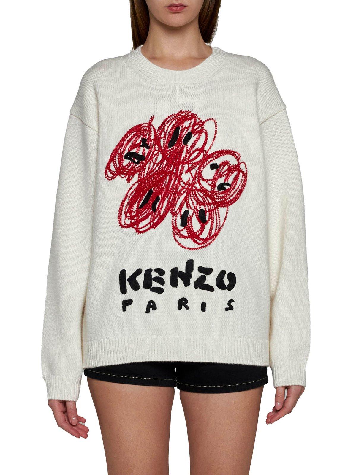 KENZO / 24SS/Drawn Varsity Jumper/L/ウール/CRM/FE58PU0063BF Kenzo Drawn Varsity Embroidered Knitted Jumper | italist, ALWAYS