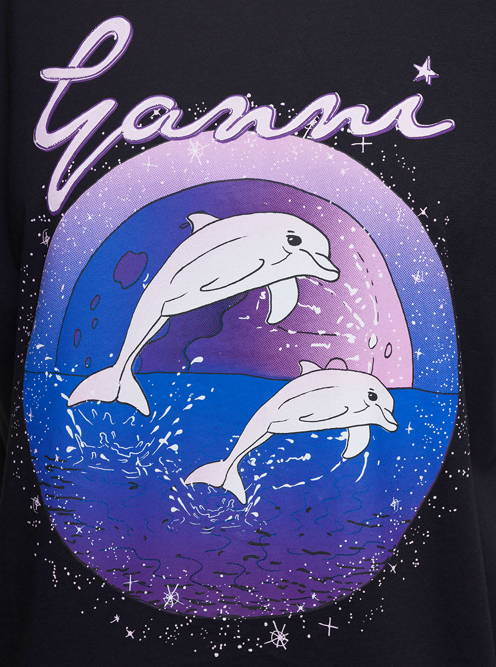 Ganni Black T-shirt With Dolphin Graphic Print In Cotton