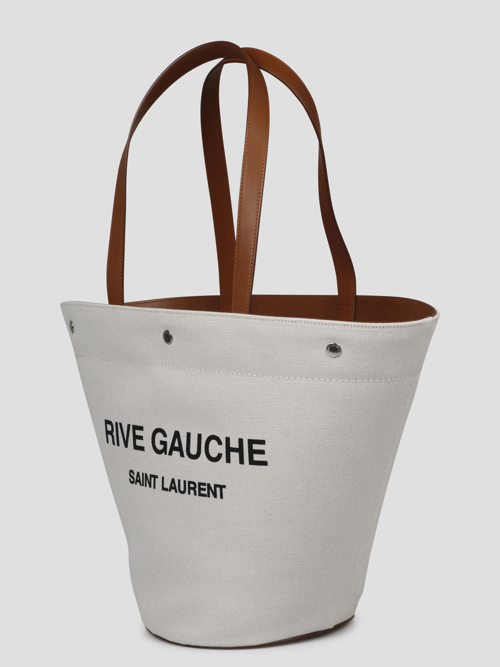 Shop Saint Laurent 2023 SS RIVE GAUCHE TOTE BAG IN CANVAS AND VINTAGE  LEATHER (735728FABJN9087) by beaute_mochi
