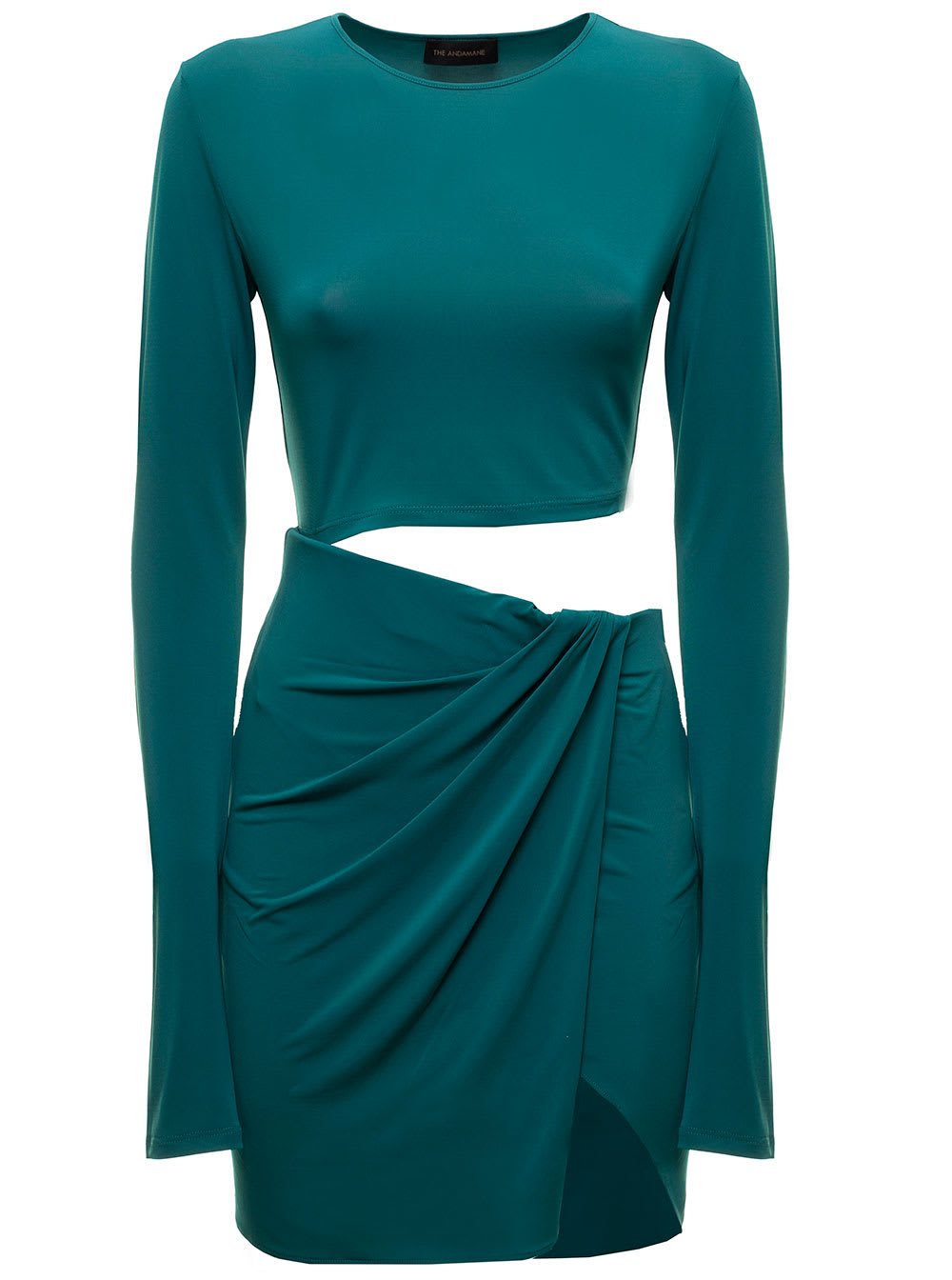 teal blue minidress in stretch jersey with asymmetrical cut out details the andamane woman