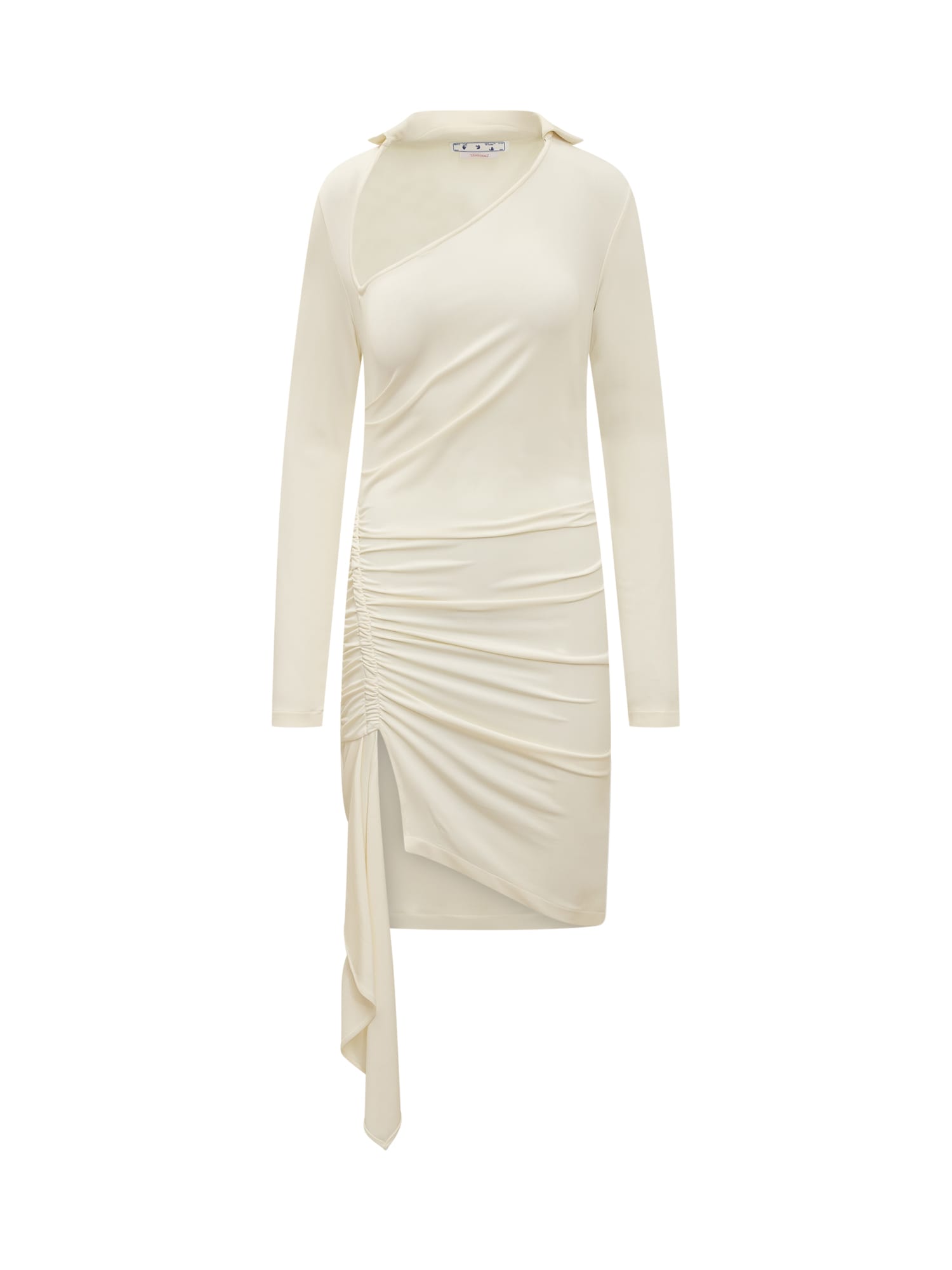 short white asymmetrical dress with draping