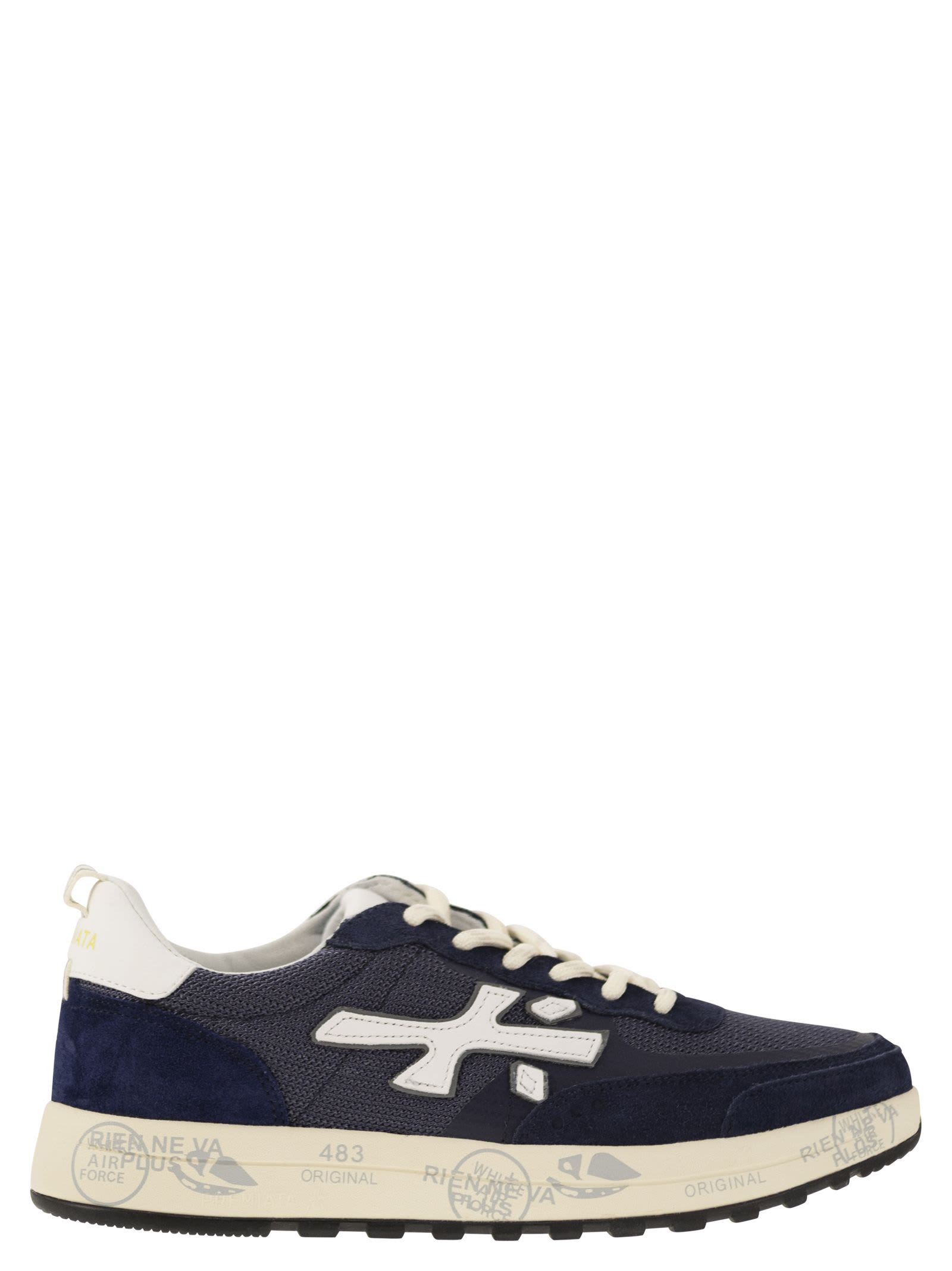 スニーカー PREMIATA Men Sneakers NOUS6658 Blue Nous Premiata Men's Retro Navy Blue Nylon and Suede Sneaker