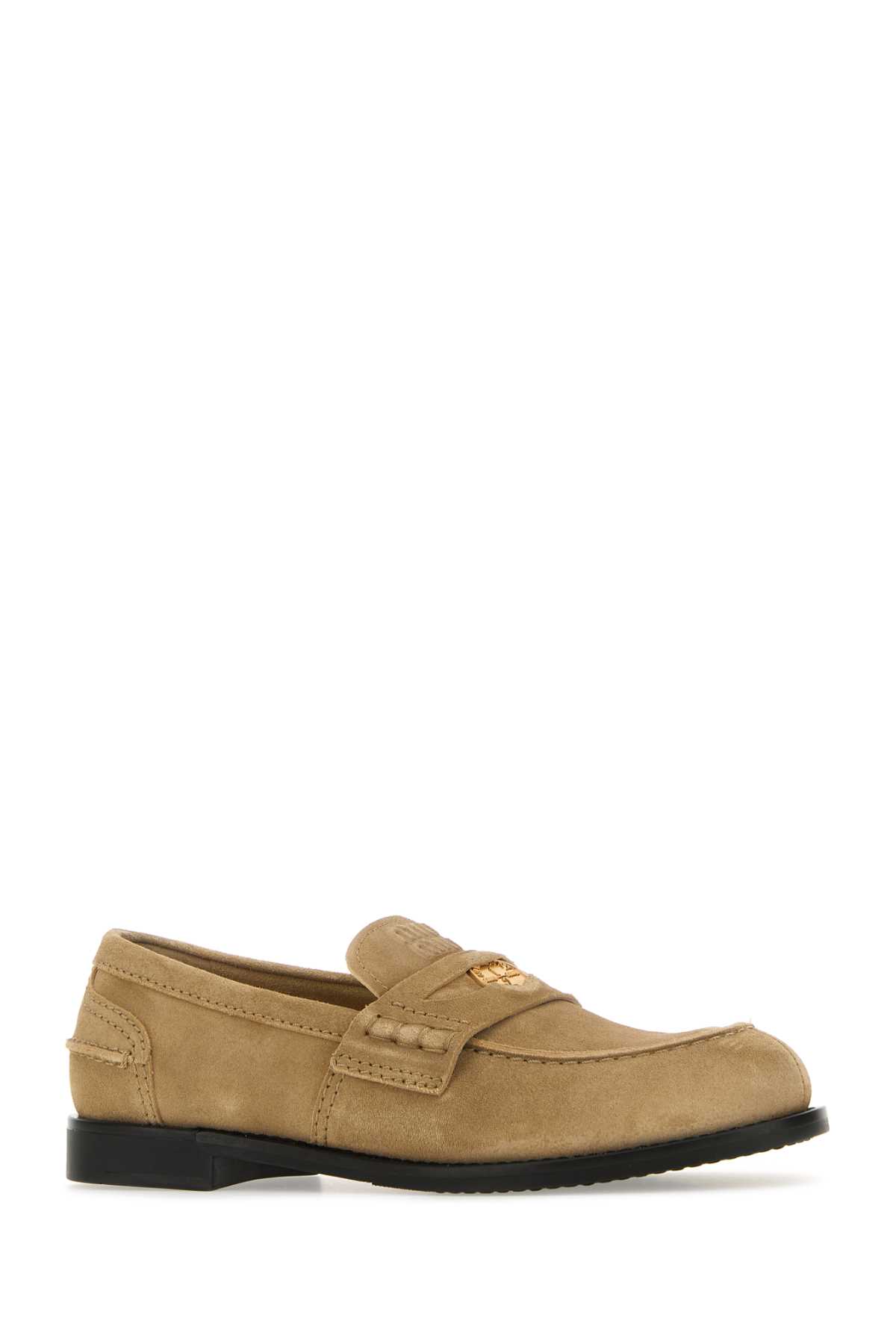 フラットシューズ Miu Miu Ecru Suede Calf Leather Loafers Miu Miu logo-embossed Suede Loafers | Neutrals | FARFETCH