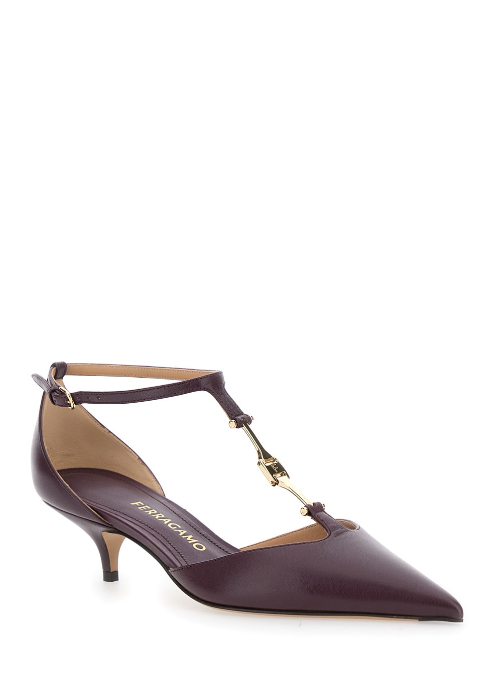 Ferragamo Bordeaux Pumps With T Strap And Low Heel In