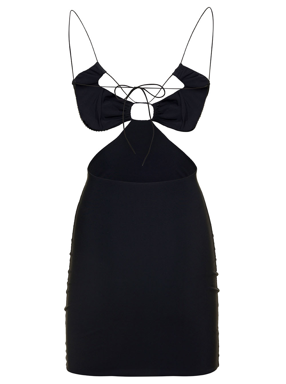 'eva' short black dress with cut-out and rhinestone embellishment in stretch polyamide woman