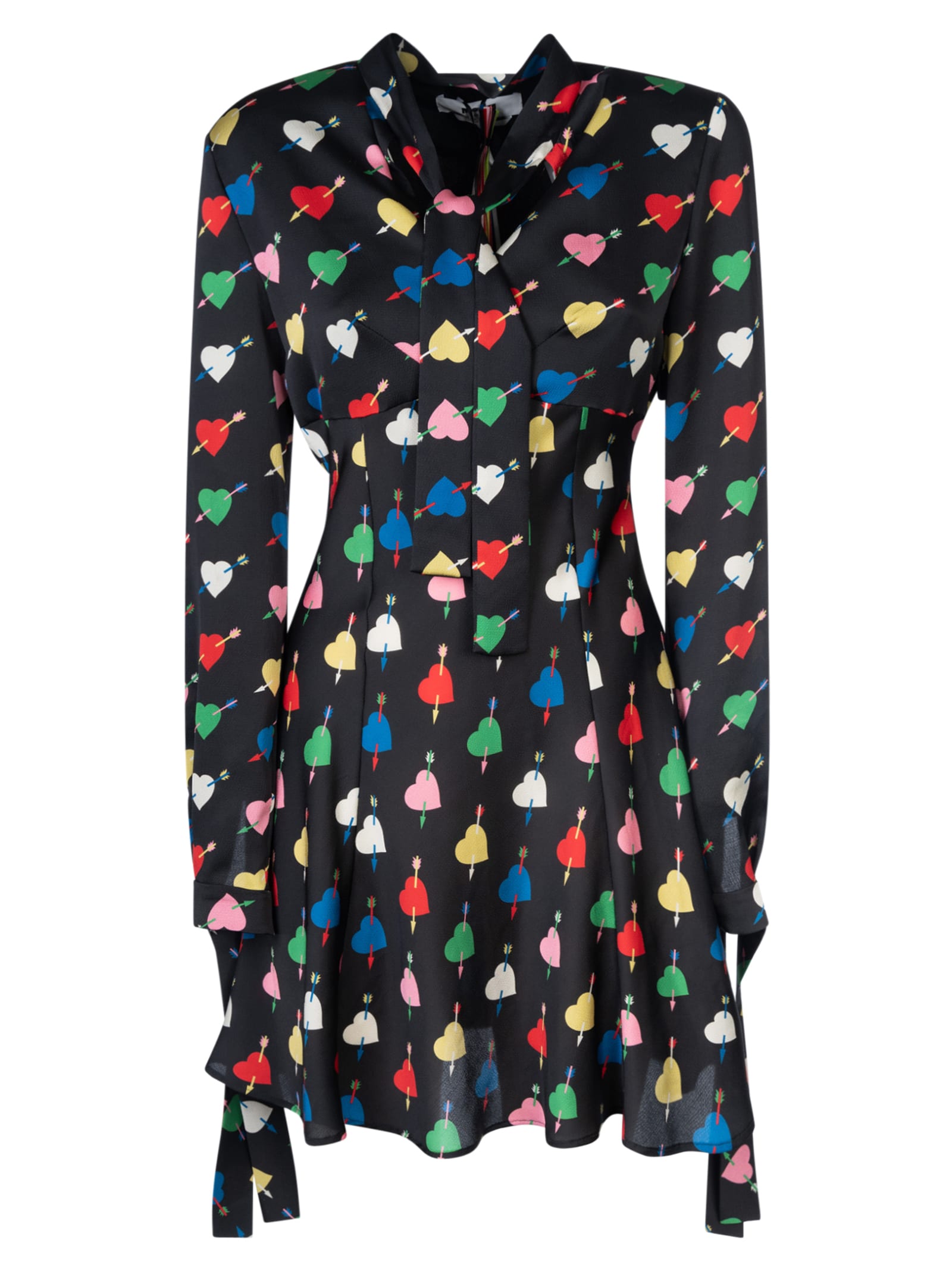 black mini dress with 'arrowed heart print' motif