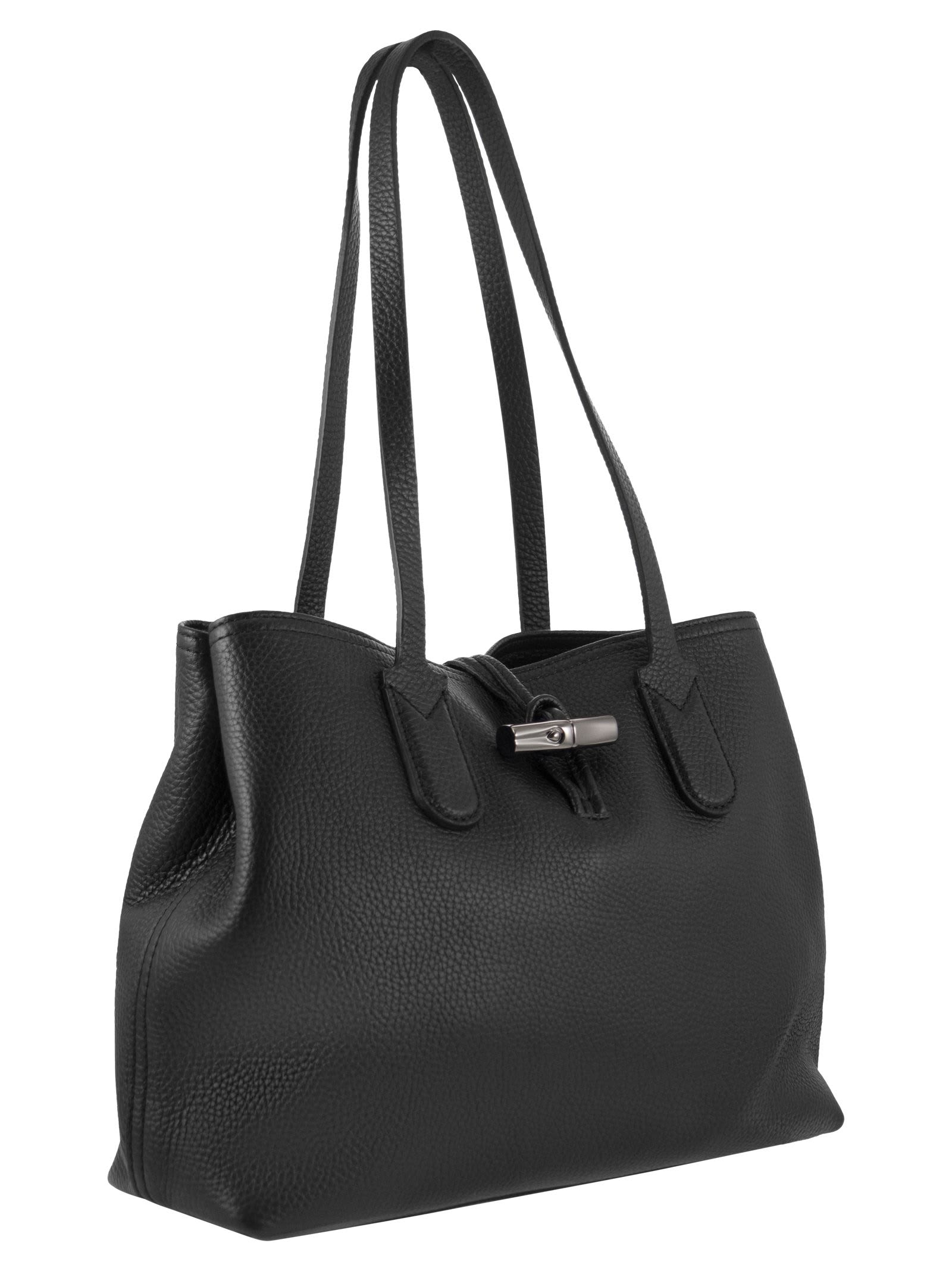 Longchamp 'Roseau' Leather Shoulder Tote Handbag, Black