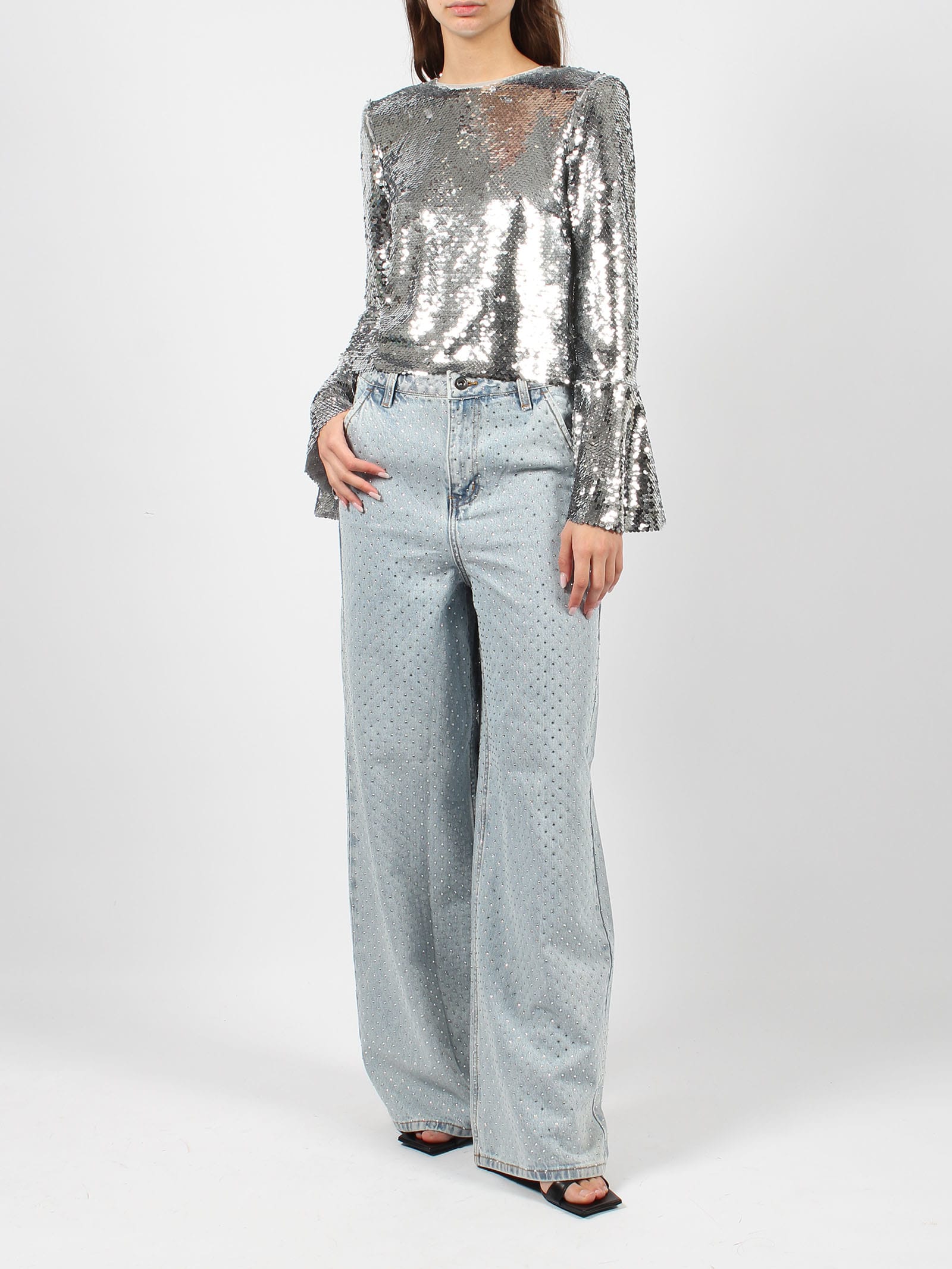 self-portrait Sequin Flared Sleeve Top | italist
