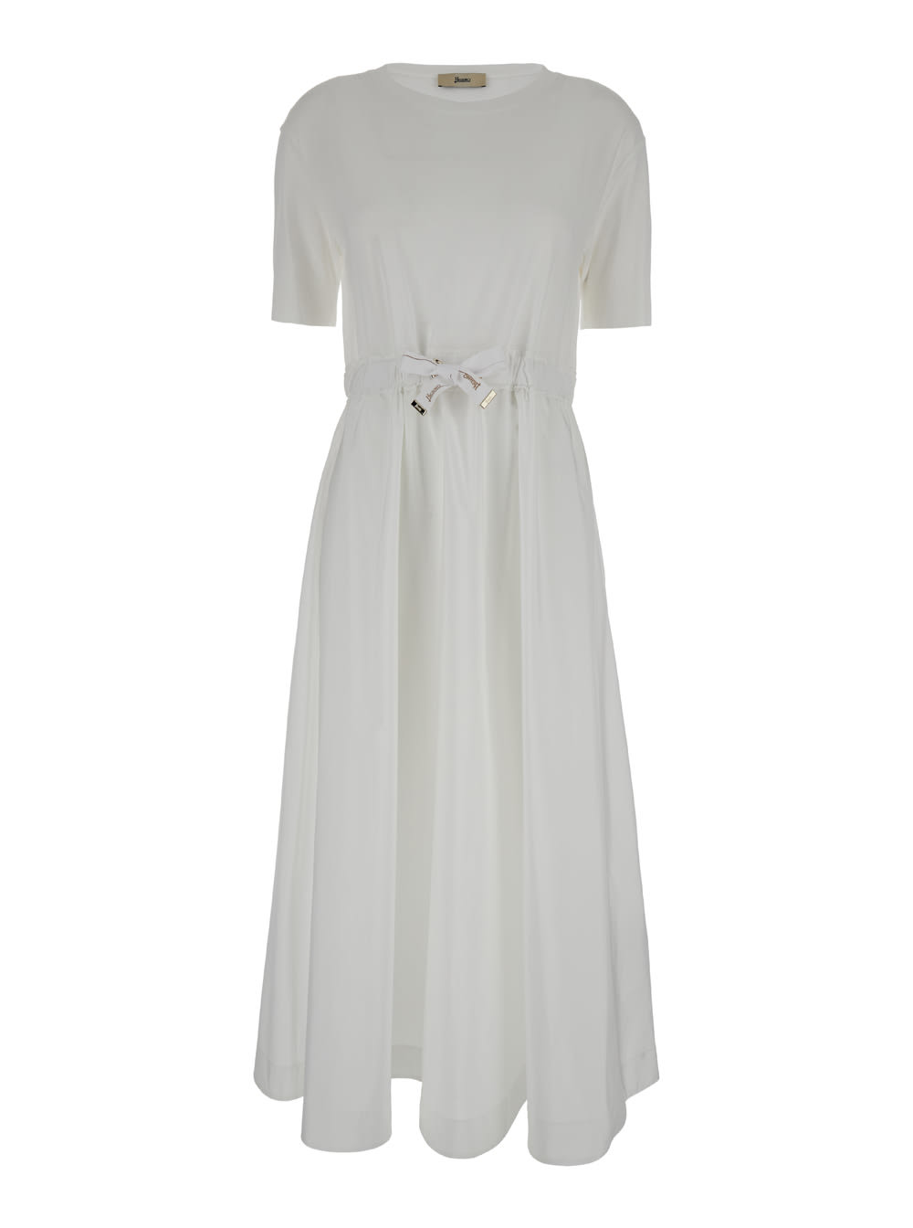 long white dress with branded drawstring in cotton blend woman