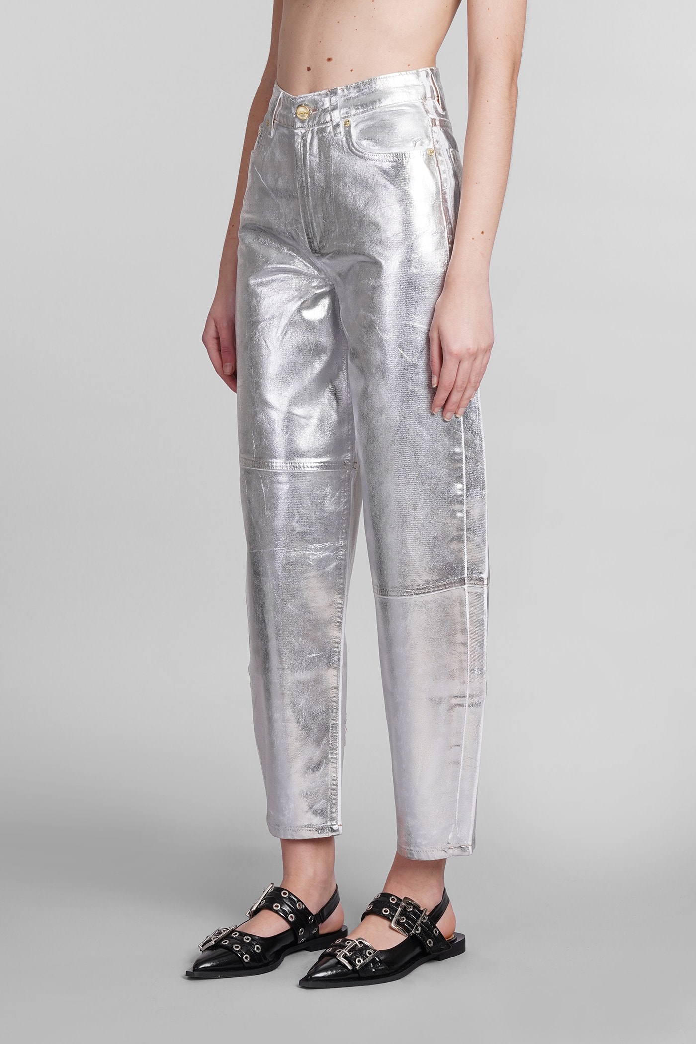 Ganni Jeans In Silver Cotton | italist