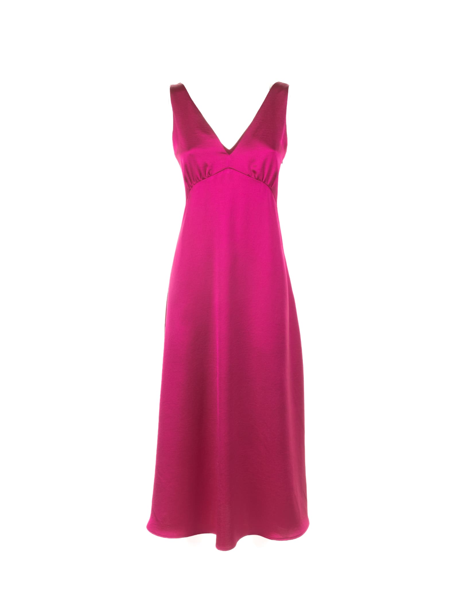 long fuchsia dress with v-neck in satin