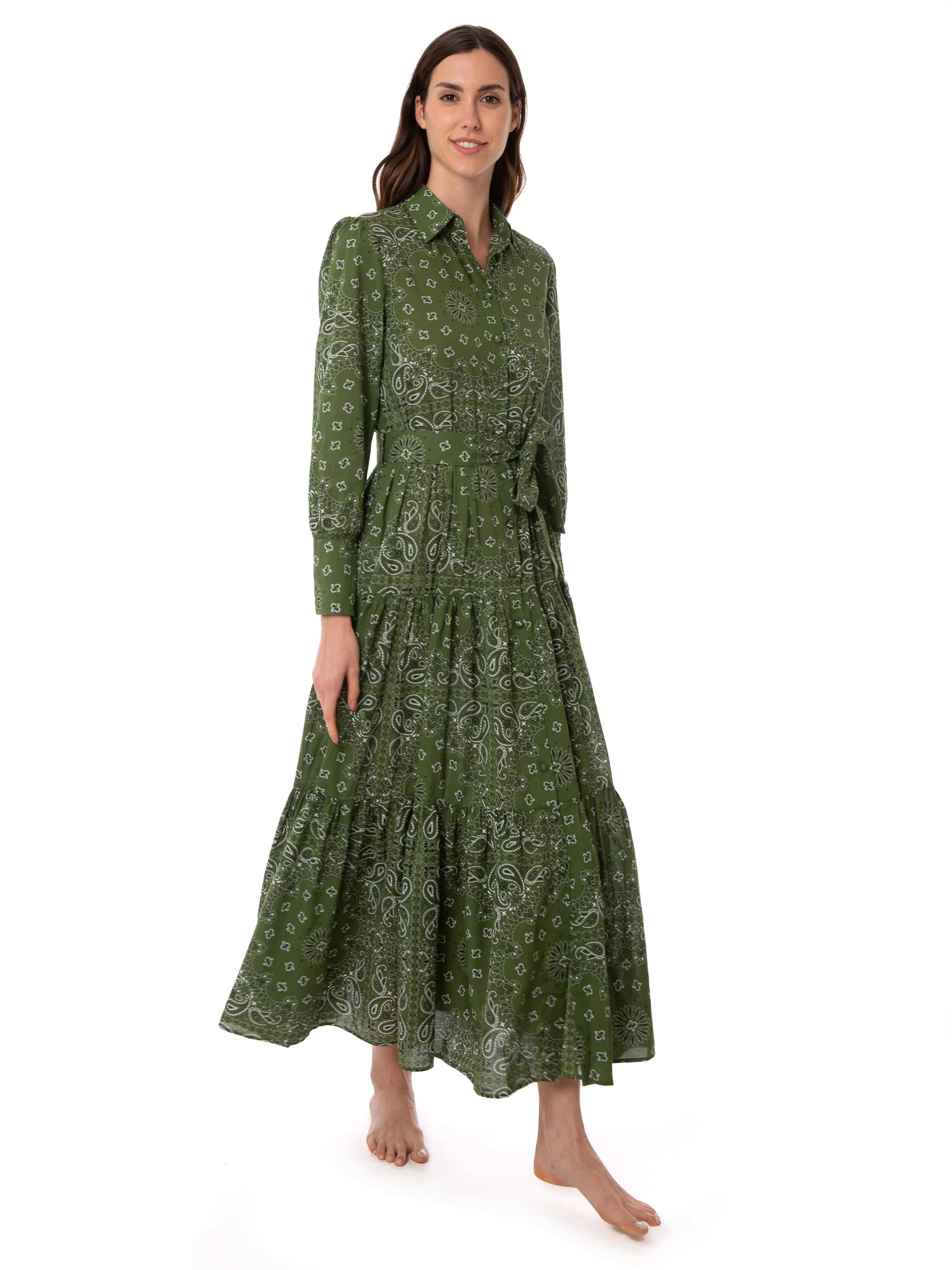 woman green bandanna long dress jensen