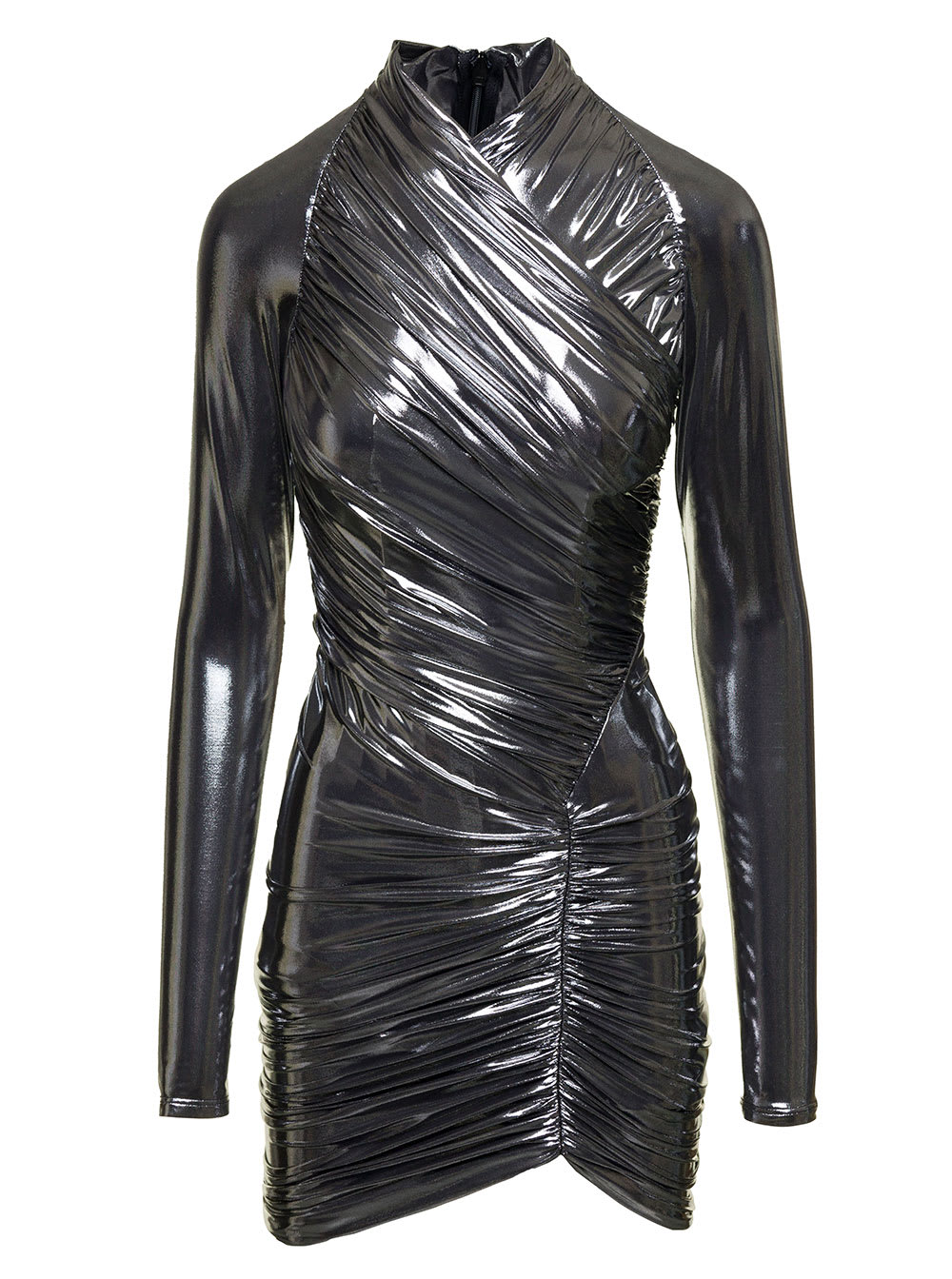 mini silver-colored gathered dress in laminated fabric woman