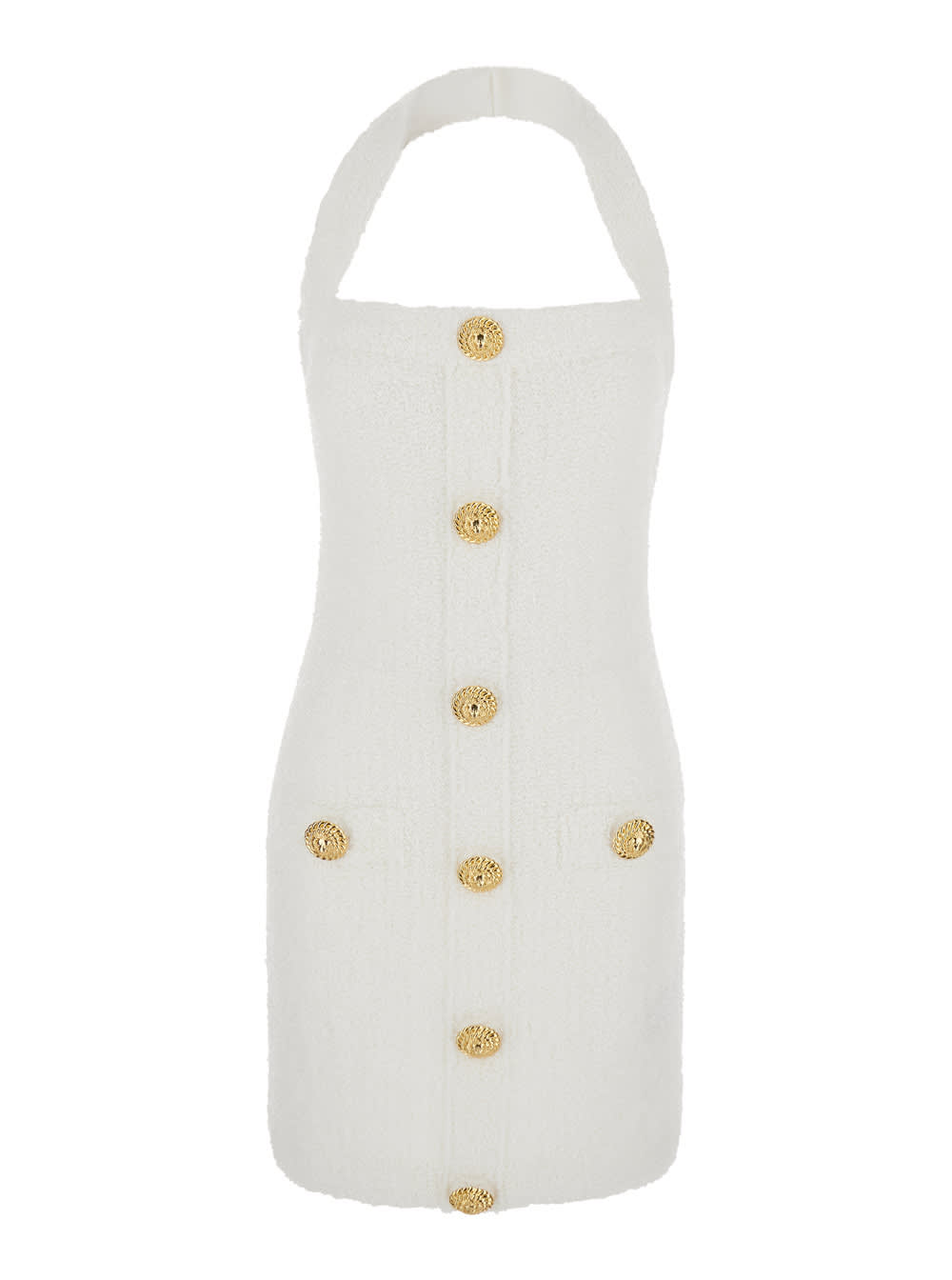 Balmain Mini White Dress With Halterneck And Jewel Buttons In Tweed Woman italist ALWAYS LIKE A SALE