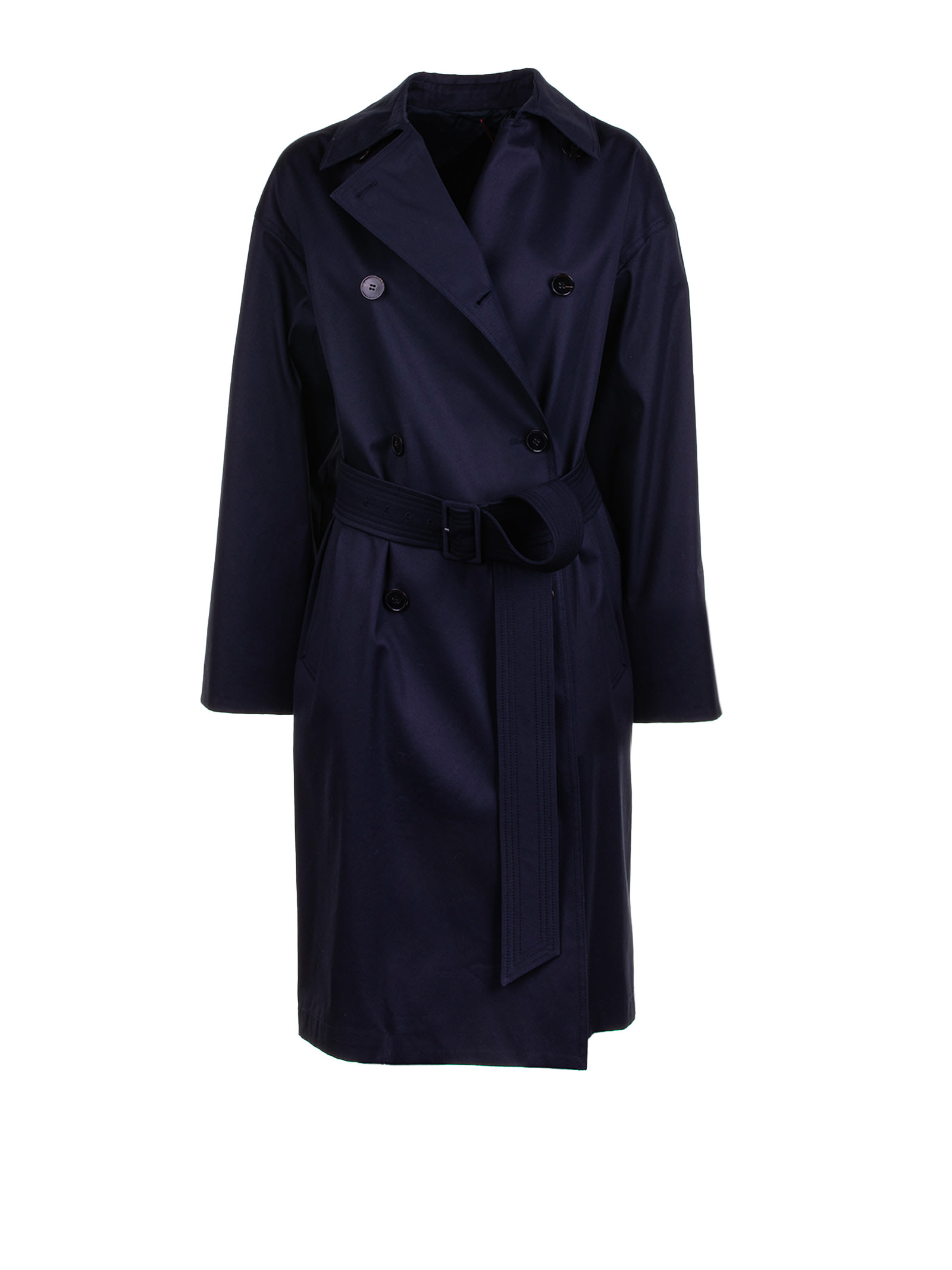 Max Mara Studio Ebrien Trench Coat In Navy Blue Cotton