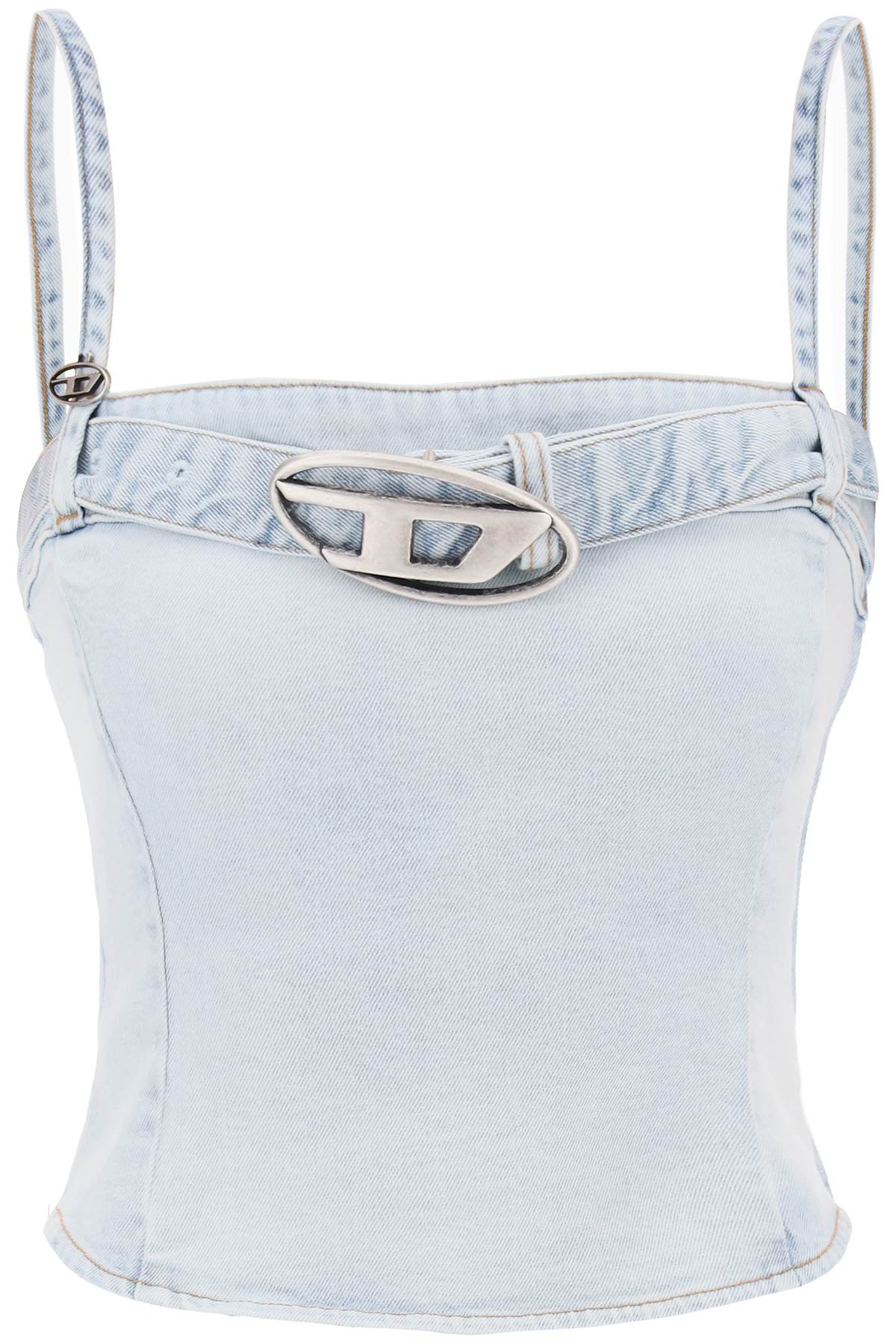 ■DIESEL■ DE Lucy Sleeveless T-Shirt Blue A131460JGAA01 A13 Women's Cropped Denim top with logo belt | Blue | Diesel