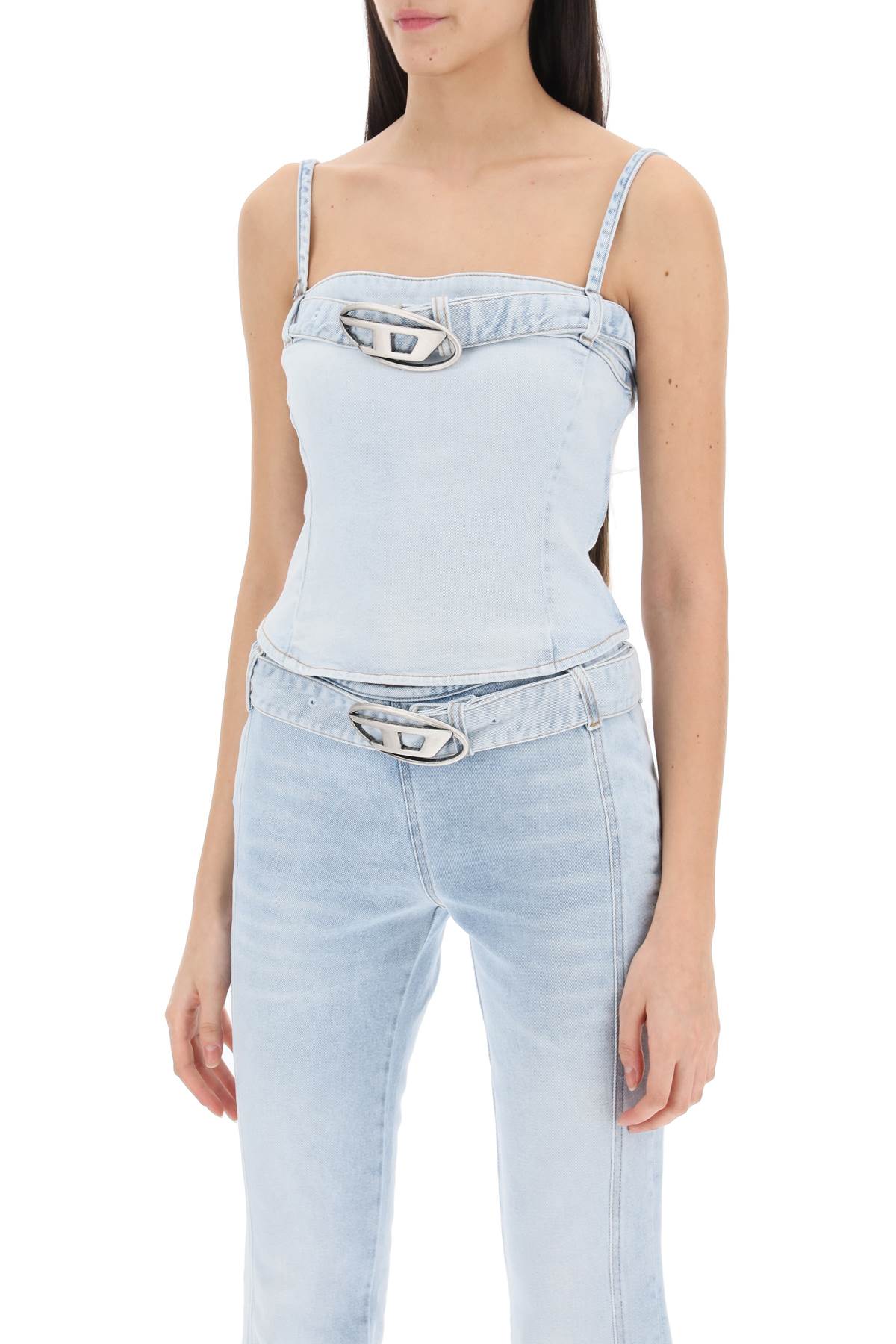 ★DIESEL★ DE Lucy Sleeveless T-Shirt Blue A131460JGAA01 A13 Women's Cropped Denim top with logo belt | Blue | Diesel