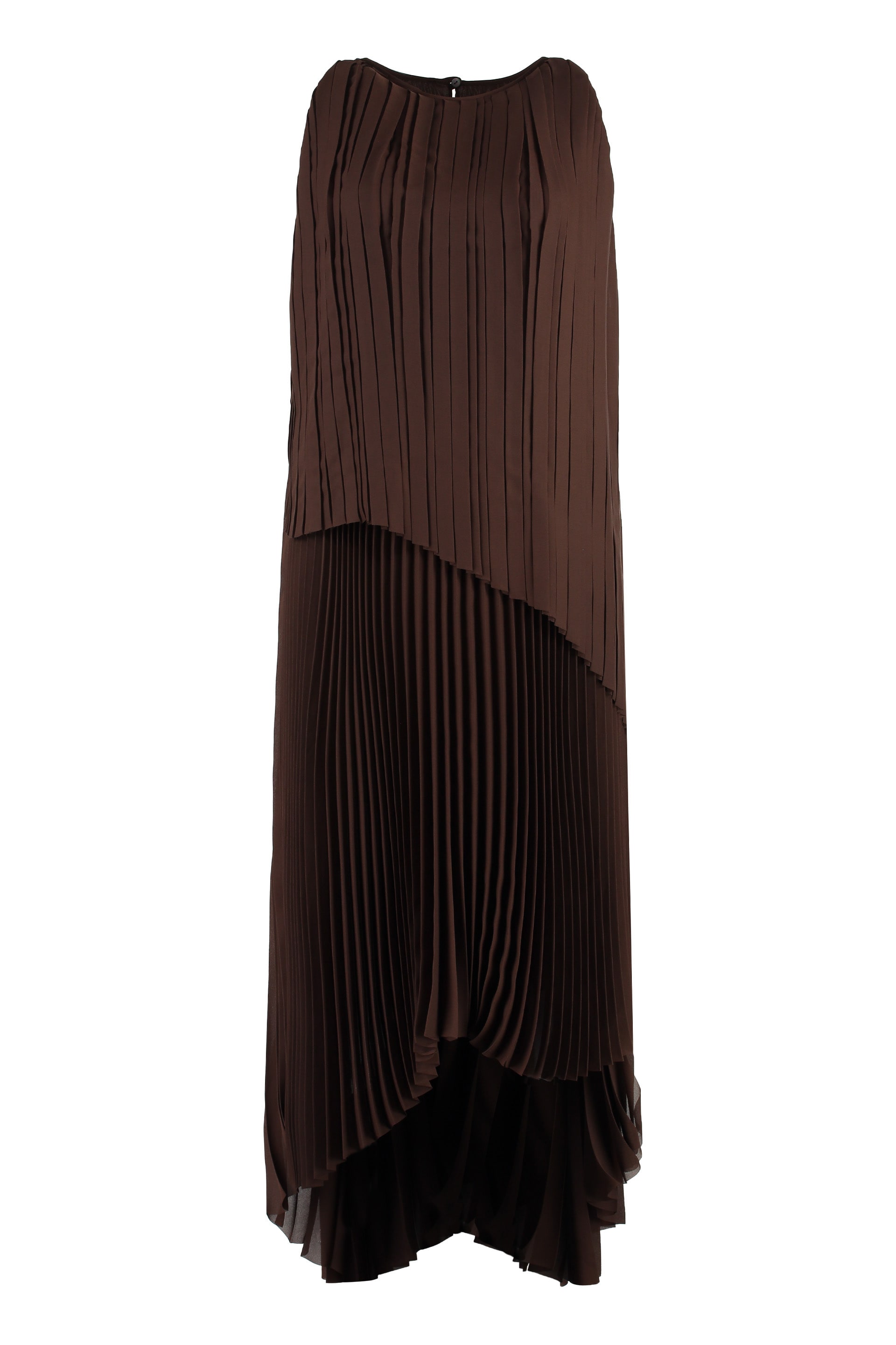 dark brown pleated a line asimmetric long dress