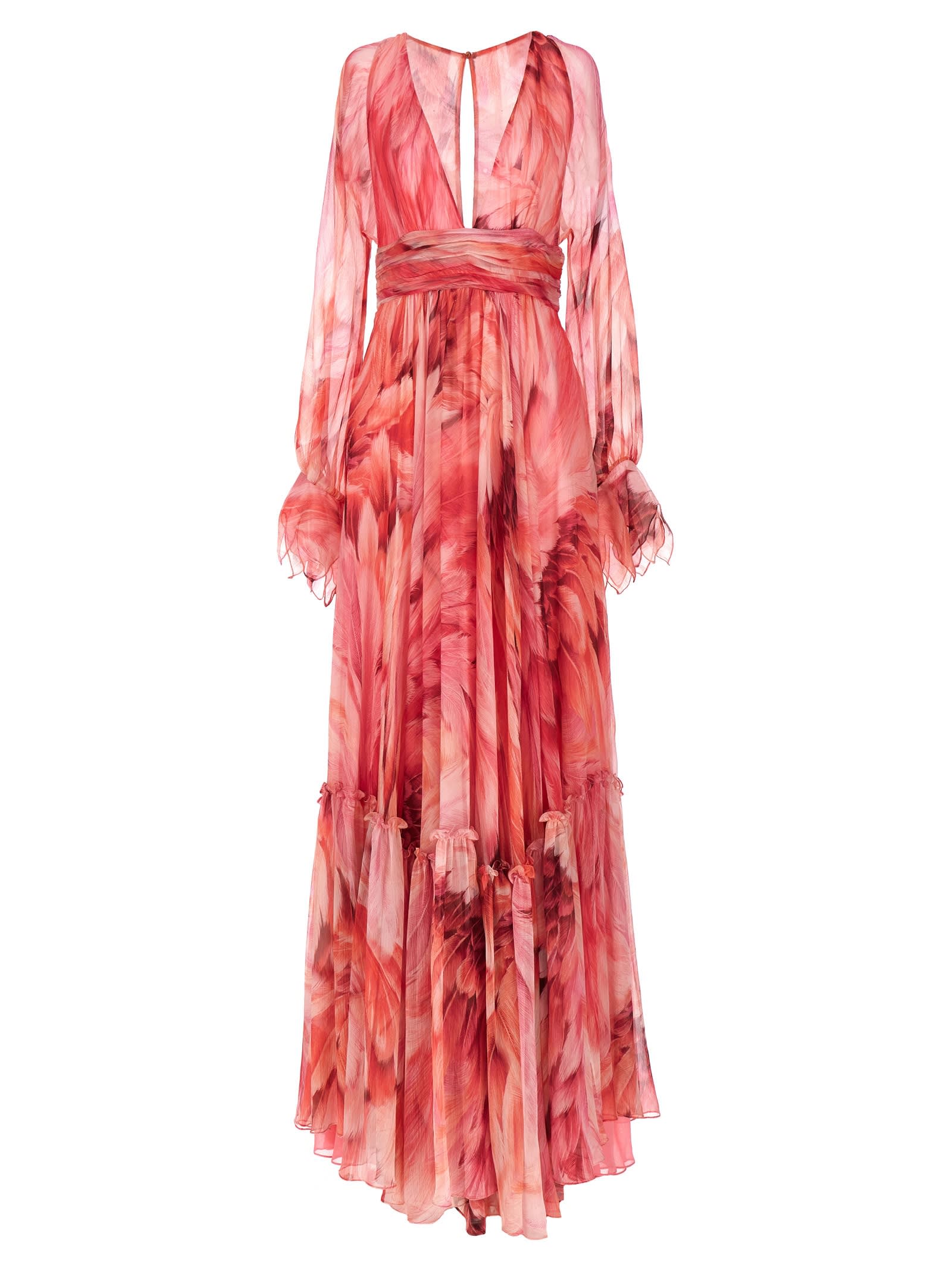 long dress with pink plumage print