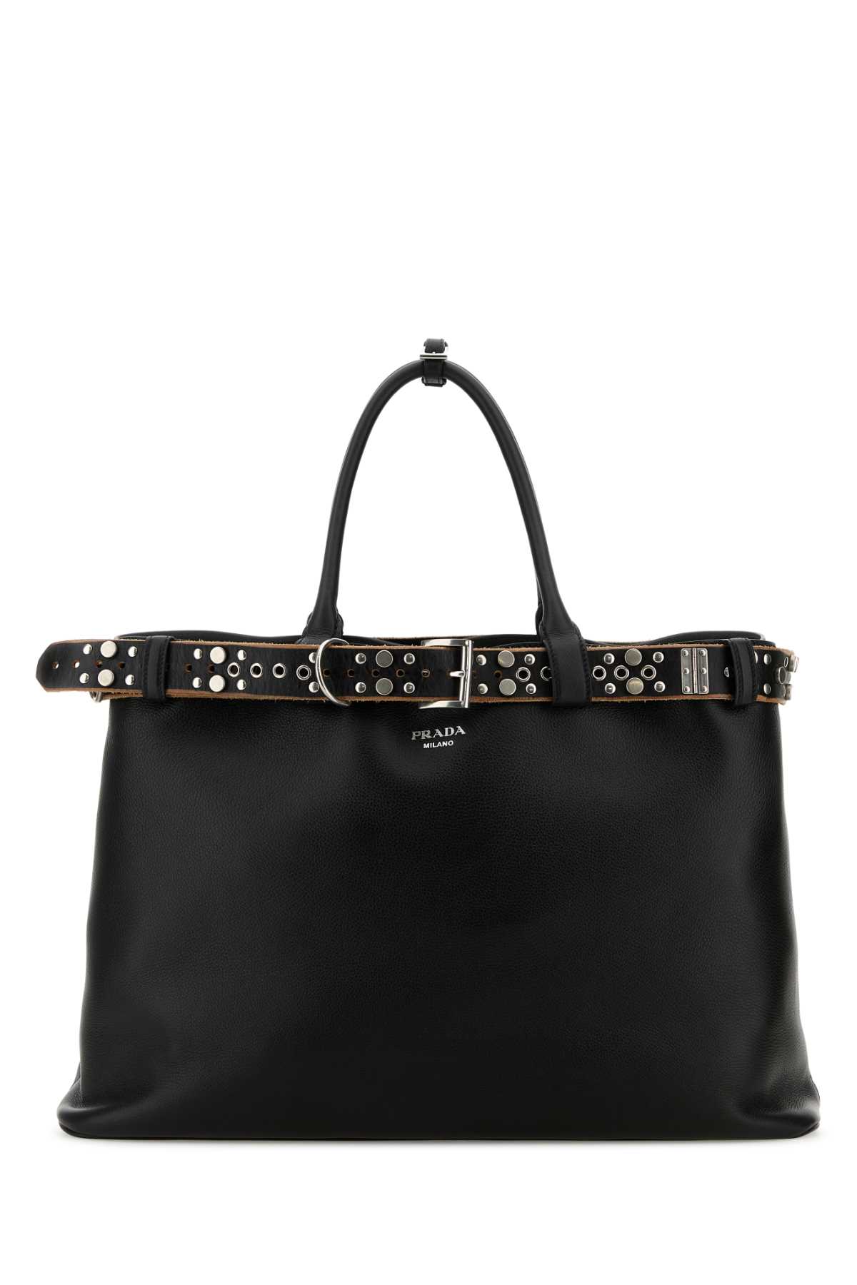Black Leather Large Prada Buckle Shopping Bag | italist