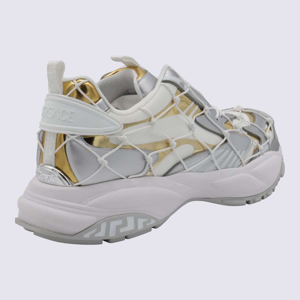 【送料&関税込】Versace White, Grey And Gold-tone Canvas Sne Versace White, Grey And Gold-tone Canvas Sneakers | italist