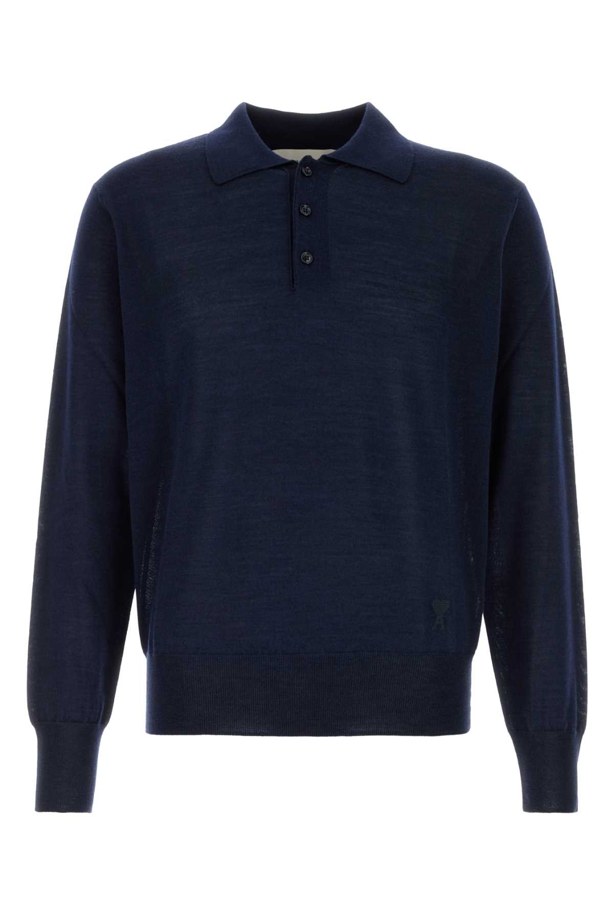 【送料&関税込】Ami Alexandre Mattiussi Midnight Blue Wool P Ami Alexandre Mattiussi Dark Blue Wool Blend Polo Shirt