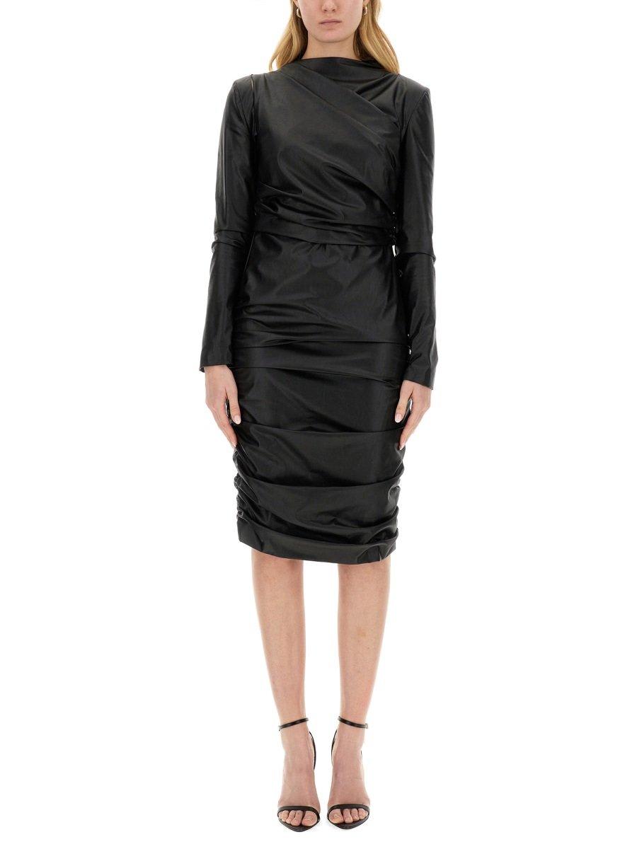 ruched leather midi dress