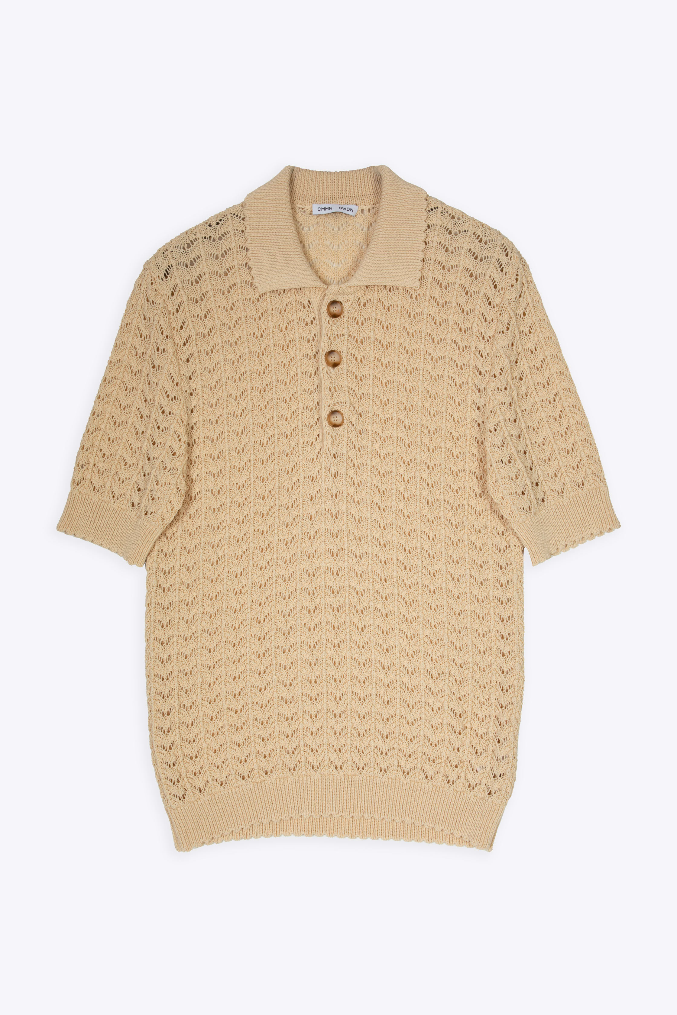 CMMN SWDN Lace Polo Shirt Finely Knitted From 100% Cotton Ecru