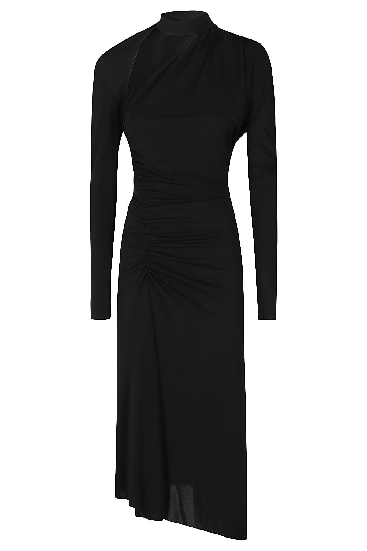 slash-neck ruched midi dress