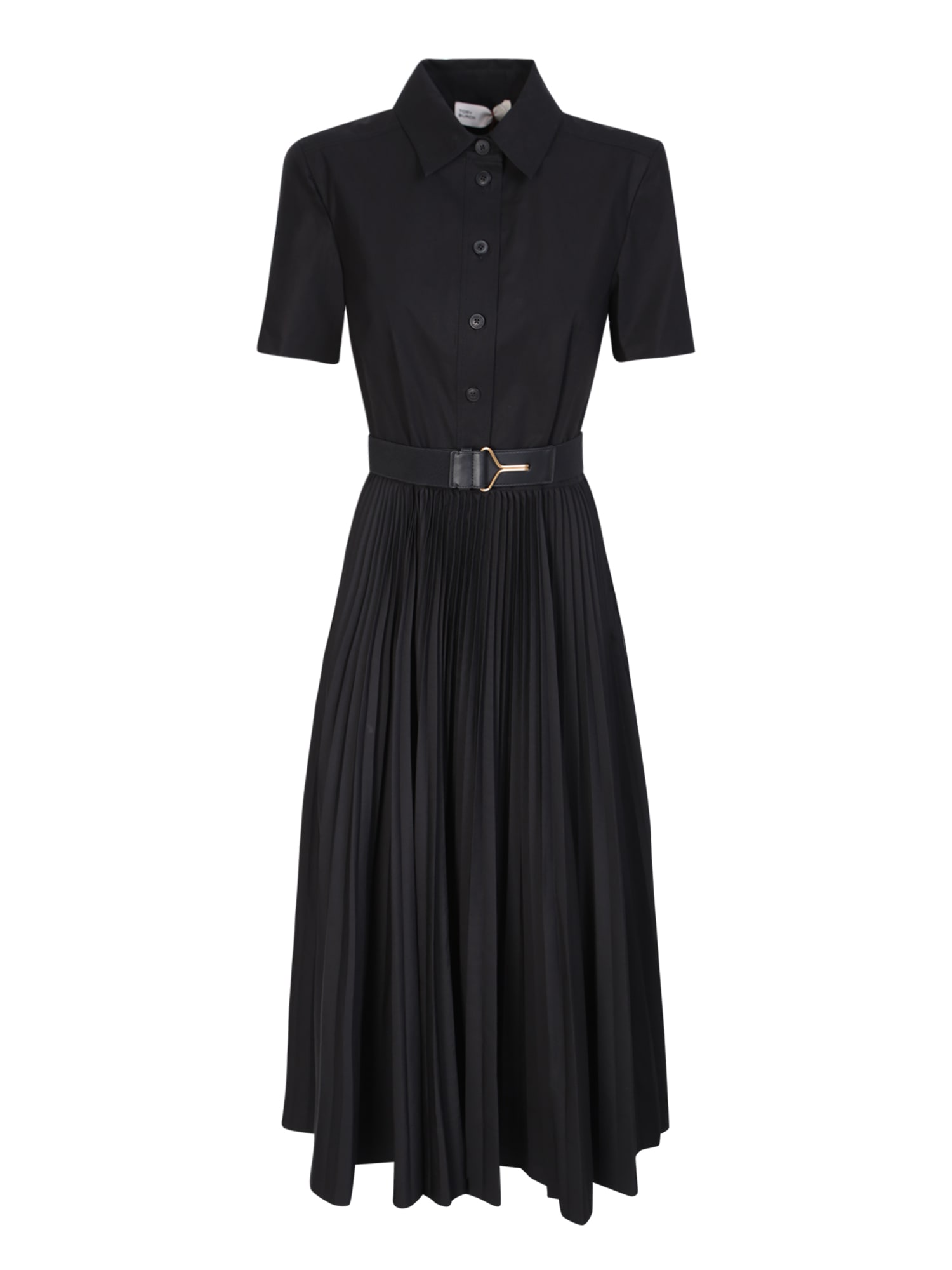 black pleated shirt dress