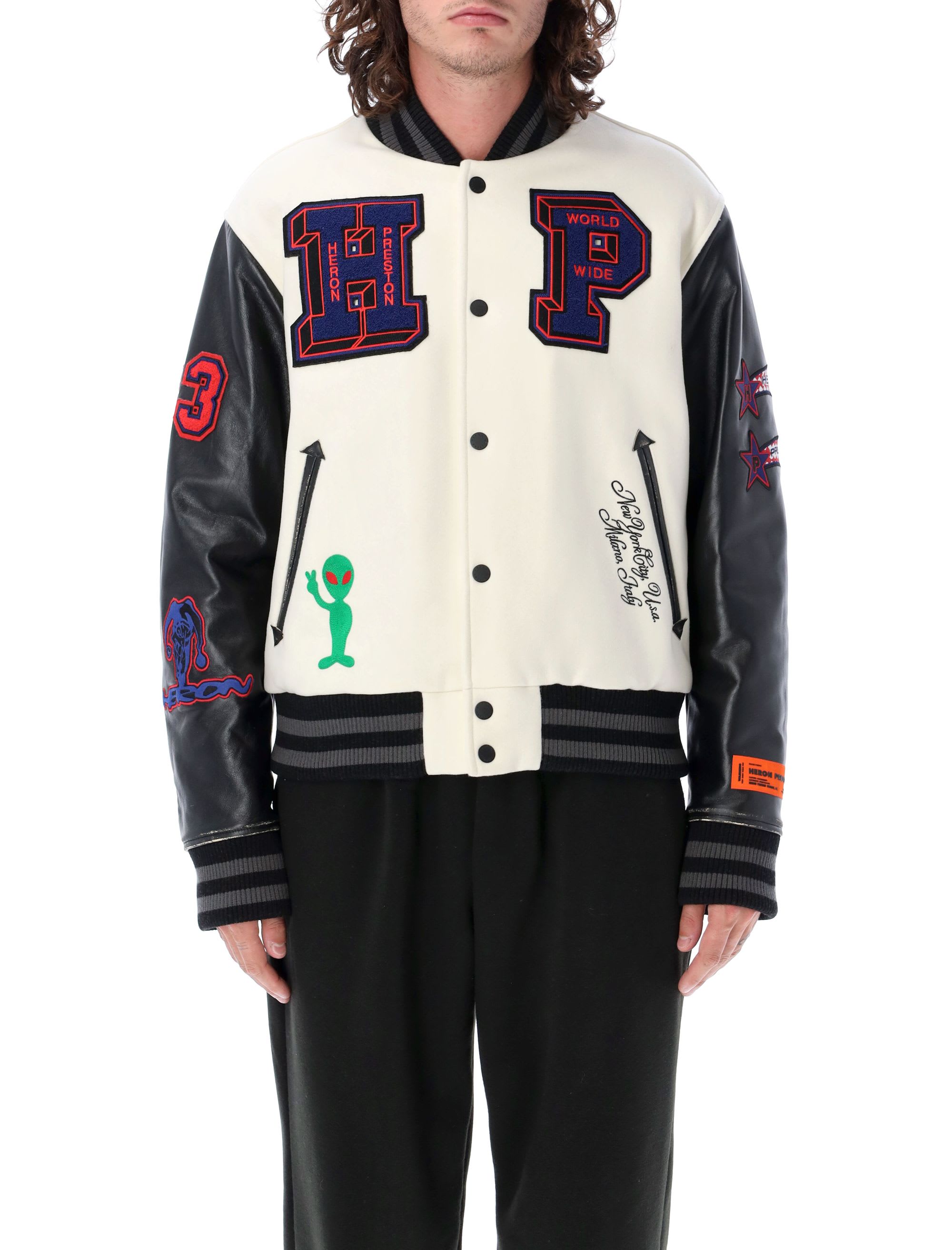 Heron Preston | Men Logo Print Wool & Leather Varsity Jacket Multicolor M