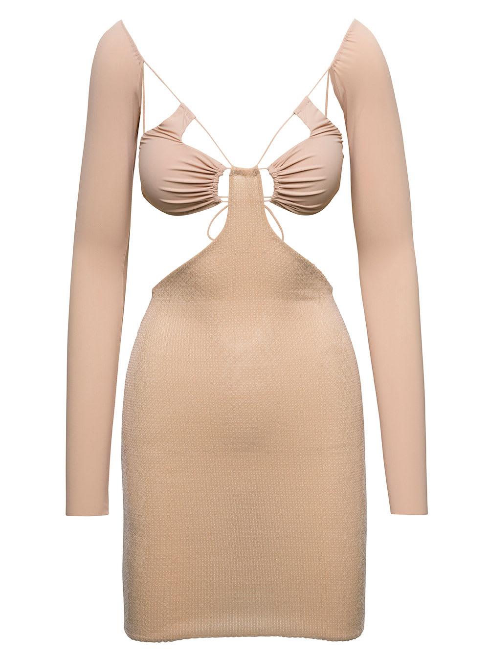 'vera' beige mini long-sleeve dress with tonal paillettes in stretch polyamiide woman