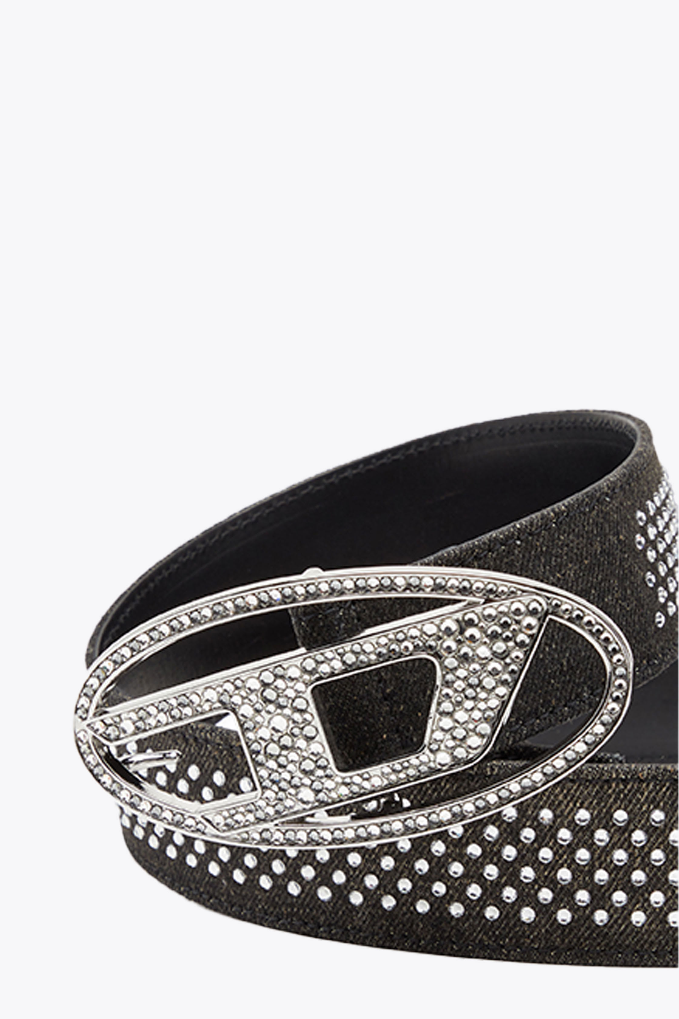 Diesel Oval D Logo B-1dr Strass Black denim and leather belt with